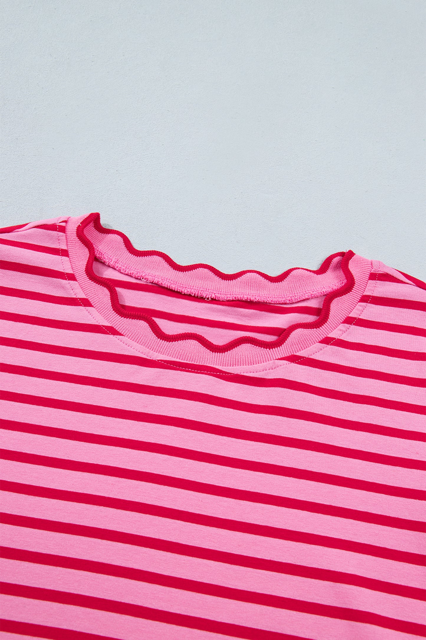 Pink Stripe Scalloped Trim Round Neck T Shirt-Tops/Tops & Tees-[Adult]-[Female]-2022 Online Blue Zone Planet