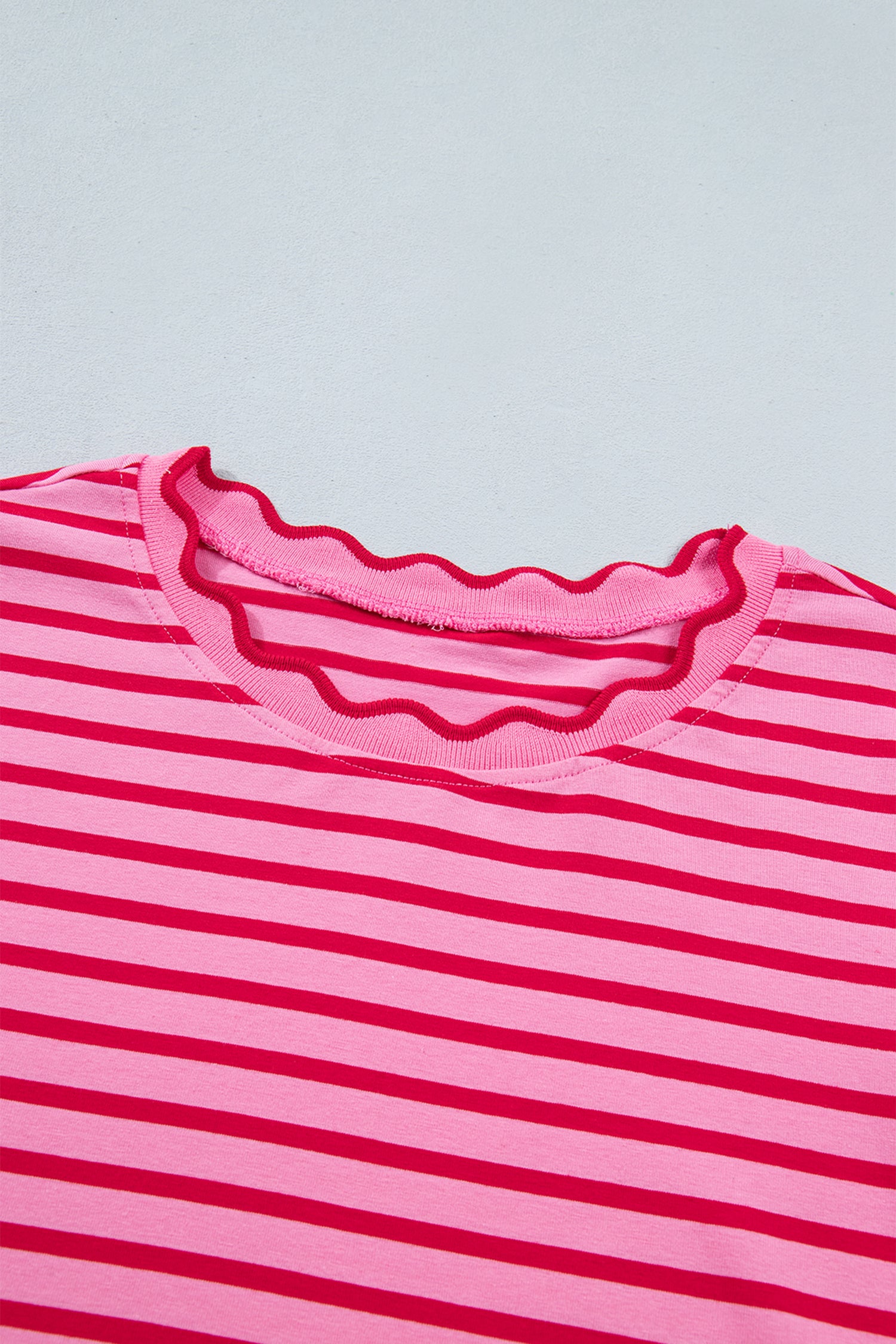 Pink Stripe Scalloped Trim Round Neck T Shirt-Tops/Tops & Tees-[Adult]-[Female]-2022 Online Blue Zone Planet
