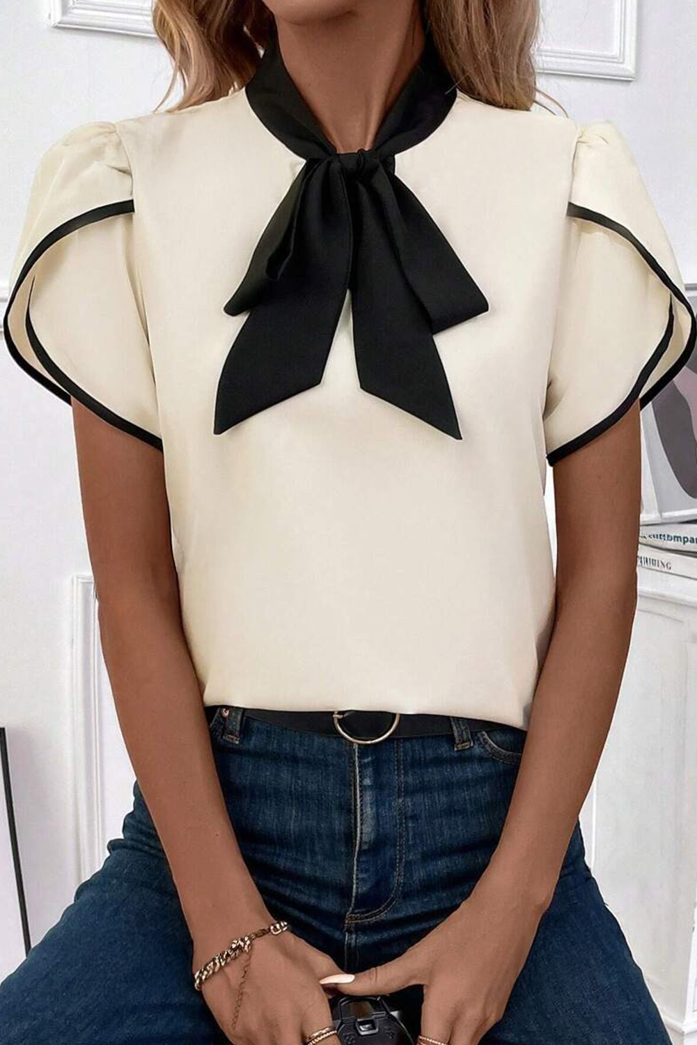 White Bow Knot Neckline Contrast Stripe Short Sleeve Blouse-Tops/Blouses & Shirts-[Adult]-[Female]-White-S-2022 Online Blue Zone Planet