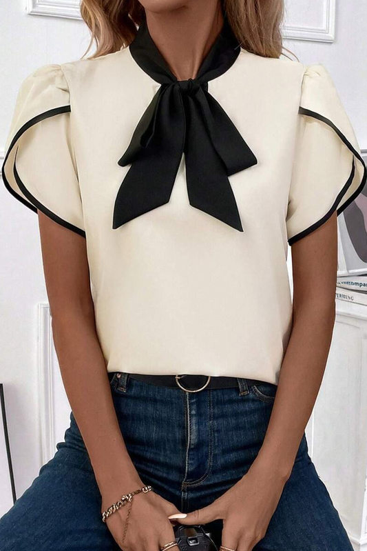 White Bow Knot Neckline Contrast Stripe Short Sleeve Blouse-Tops/Blouses & Shirts-[Adult]-[Female]-White-S-2022 Online Blue Zone Planet