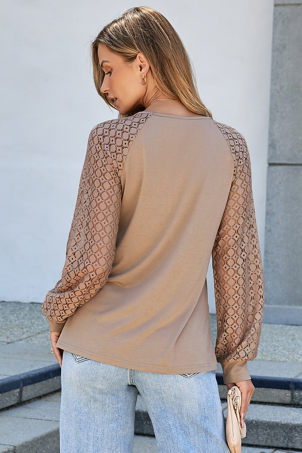 Black Lace Patchwork Long Raglan Sleeve Pleated Top-Tops/Long Sleeve Tops-[Adult]-[Female]-2022 Online Blue Zone Planet