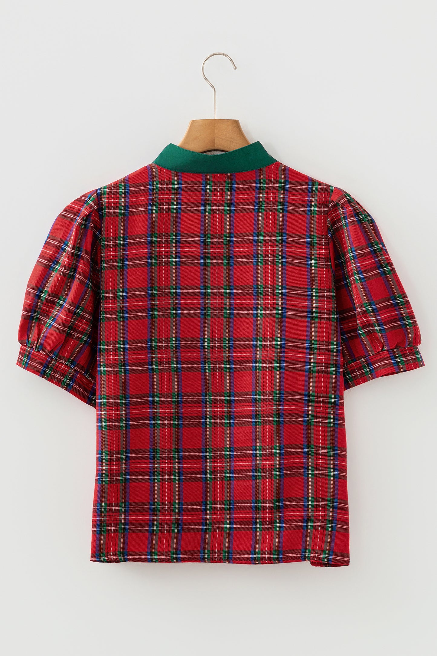 Red Plaid Print Contrast Trim V Neck Short Sleeve Blouse-Tops/Blouses & Shirts-[Adult]-[Female]-2022 Online Blue Zone Planet