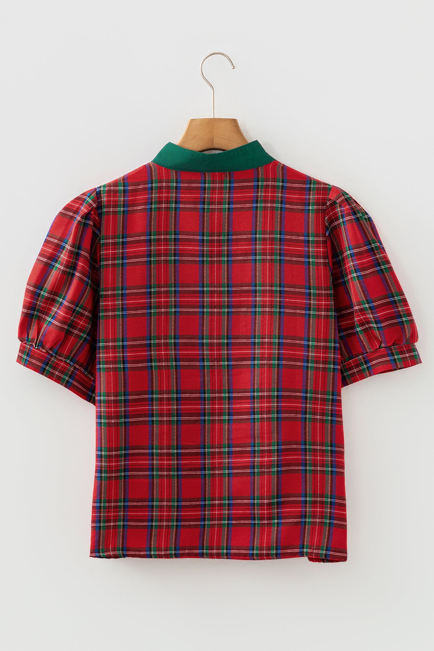 Red Plaid Print Contrast Trim V Neck Short Sleeve Blouse-Tops/Blouses & Shirts-[Adult]-[Female]-2022 Online Blue Zone Planet