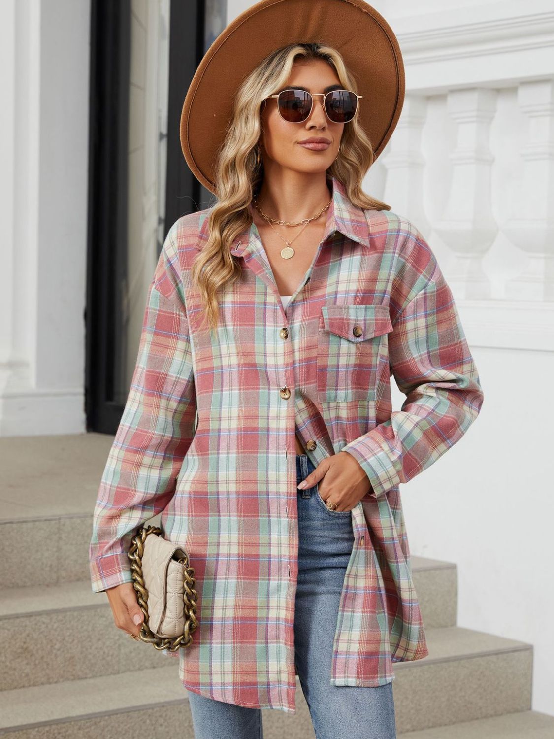 Plaid Collared Neck Long Sleeve Shirt-TOPS / DRESSES-[Adult]-[Female]-2022 Online Blue Zone Planet