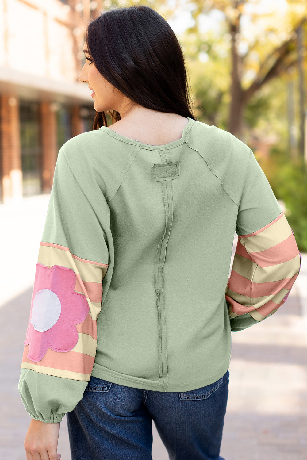 Sail Blue Flower Patchwork Raglan Sleeve Exposed Seam Oversized Top-Tops/Long Sleeve Tops-[Adult]-[Female]-2022 Online Blue Zone Planet
