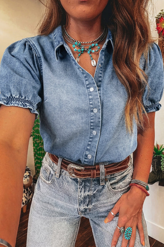 Beau Blue Frilled Short Sleeve Snap Button Denim Shirt-Tops/Blouses & Shirts-[Adult]-[Female]-Beau Blue-S-2022 Online Blue Zone Planet