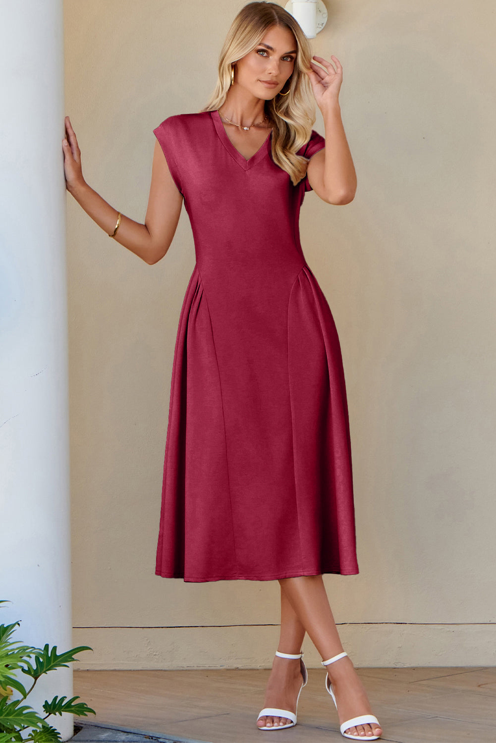 Red Dahlia Solid Color V Neck Pleated Flared Midi Dress-TOPS / DRESSES-[Adult]-[Female]-2022 Online Blue Zone Planet