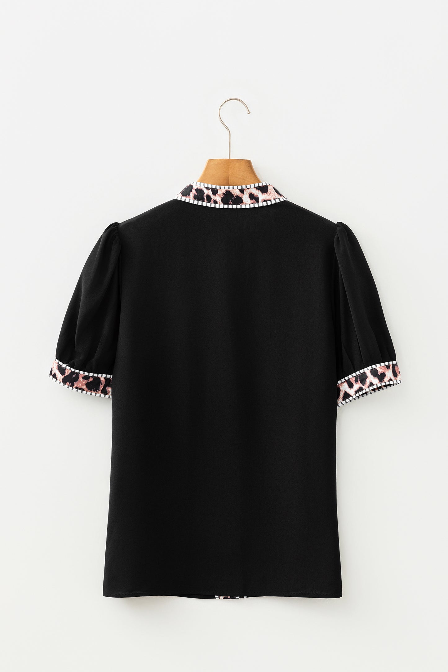 Black V Neck Short Puff Sleeve Contrast Striped Leopard Trim Button Down Shirt-Tops/Blouses & Shirts-[Adult]-[Female]-2022 Online Blue Zone Planet