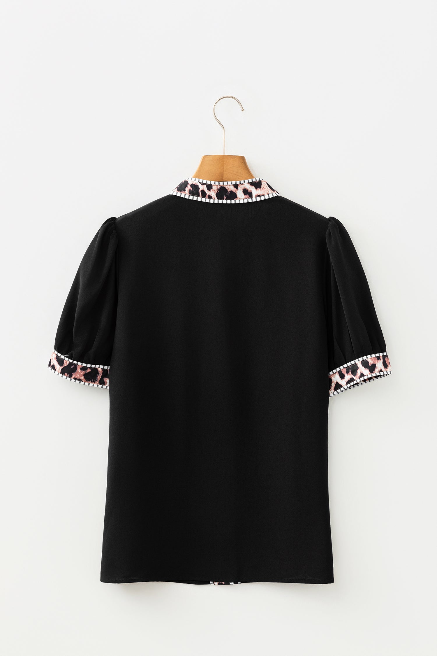 Black V Neck Short Puff Sleeve Contrast Striped Leopard Trim Button Down Shirt-Tops/Blouses & Shirts-[Adult]-[Female]-2022 Online Blue Zone Planet