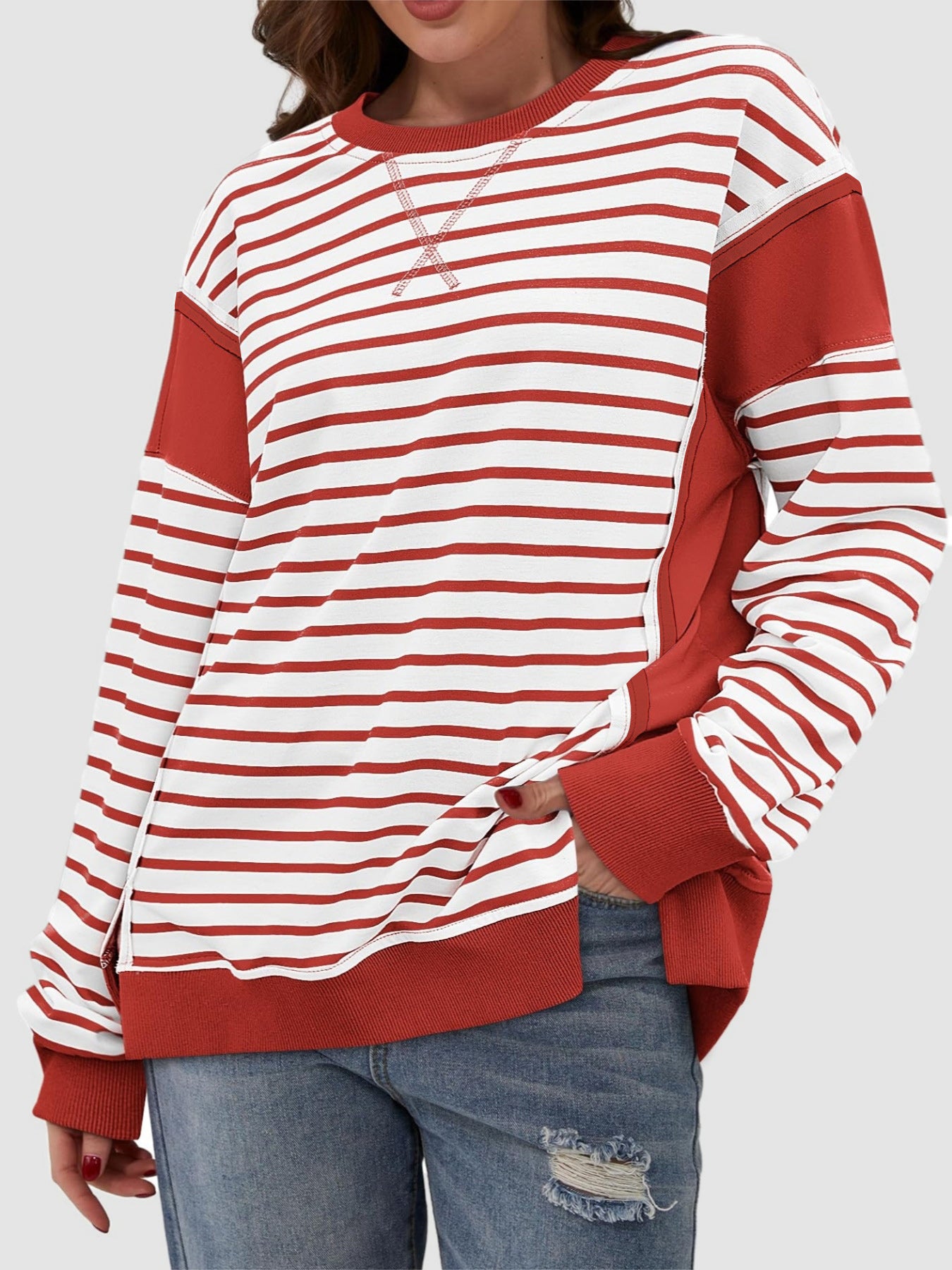 Slit Exposed Seam Striped Long Sleeve Sweatshirt-TOPS / DRESSES-[Adult]-[Female]-Rust-S-2022 Online Blue Zone Planet