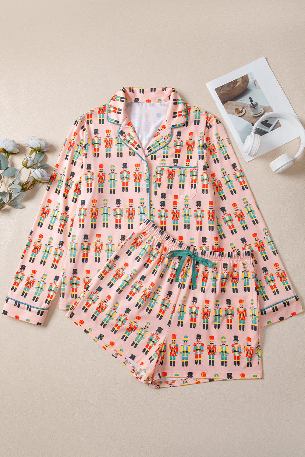 Pink Nutcracker March Long Sleeve Button Up 2pcs Pajama Short Set-Loungewear & Sleepwear/Sleepwear-[Adult]-[Female]-2022 Online Blue Zone Planet
