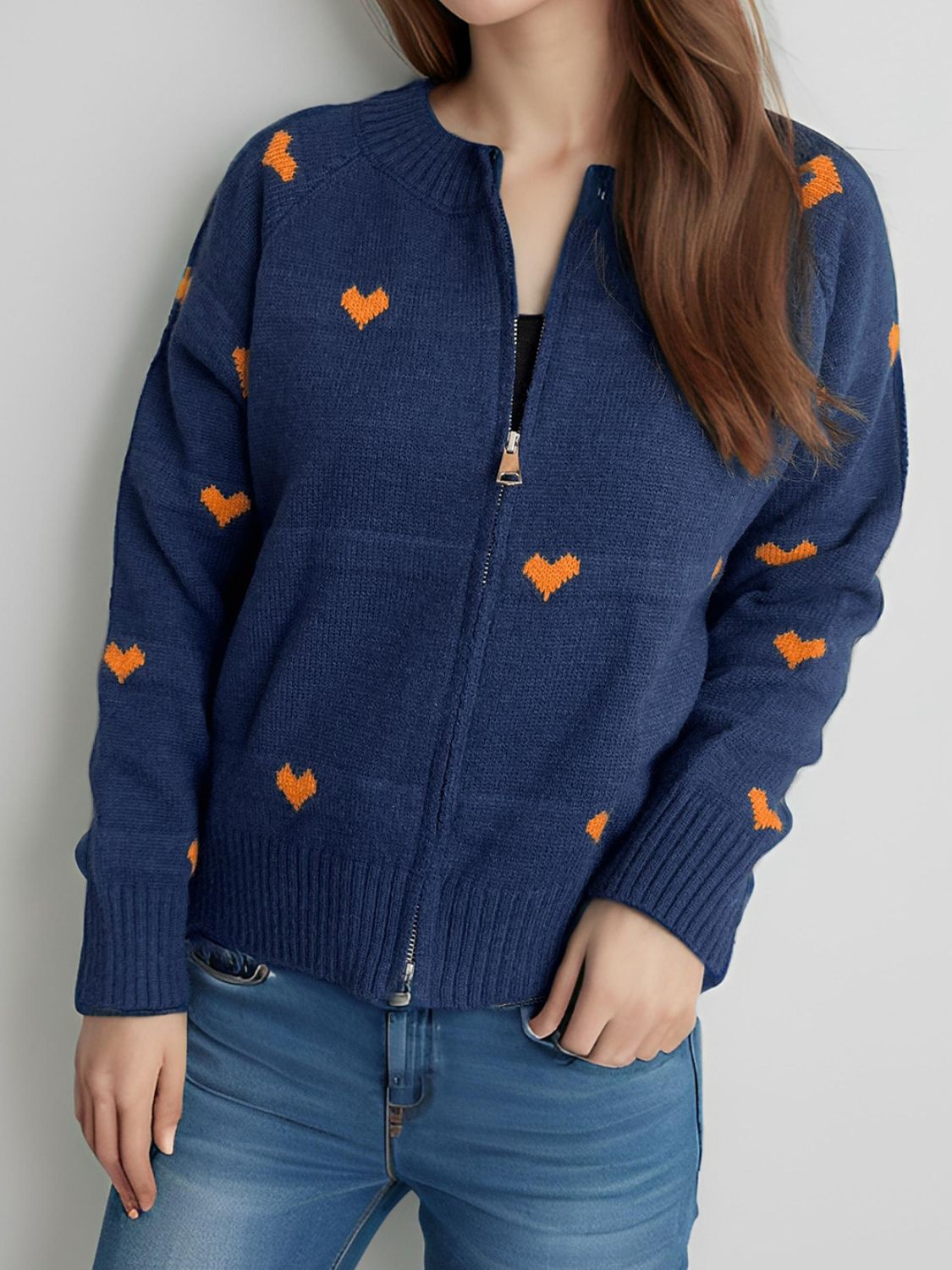 Heart Round Neck Zip Up Cardigan-NEW ARRIVALS-[Adult]-[Female]-2022 Online Blue Zone Planet