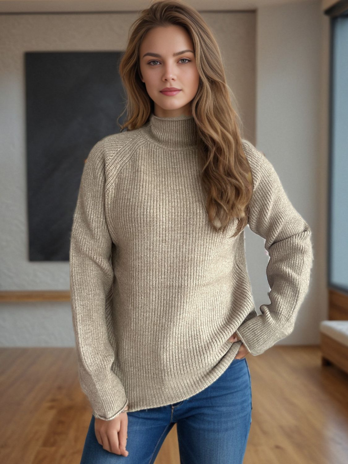 Blue Zone Planet | Turtleneck Long Sleeve Sweater-TOPS / DRESSES-[Adult]-[Female]-Khaki-One Size-2022 Online Blue Zone Planet