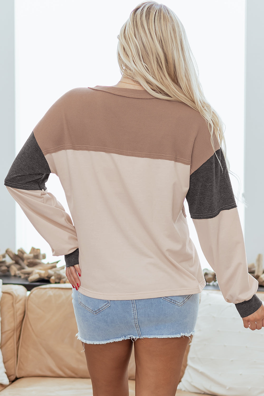 Jet Stream Color Block Waffled Patchwork Loose Henley Top-Tops/Long Sleeve Tops-[Adult]-[Female]-2022 Online Blue Zone Planet