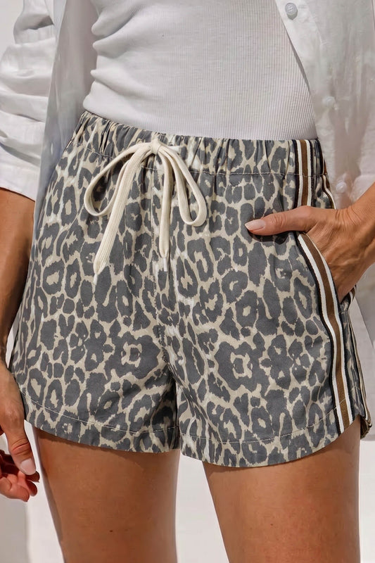 Multicolour Leopard Pattern Striped Detail Drawstring Denim Shorts-Bottoms/Denim Shorts-[Adult]-[Female]-2022 Online Blue Zone Planet