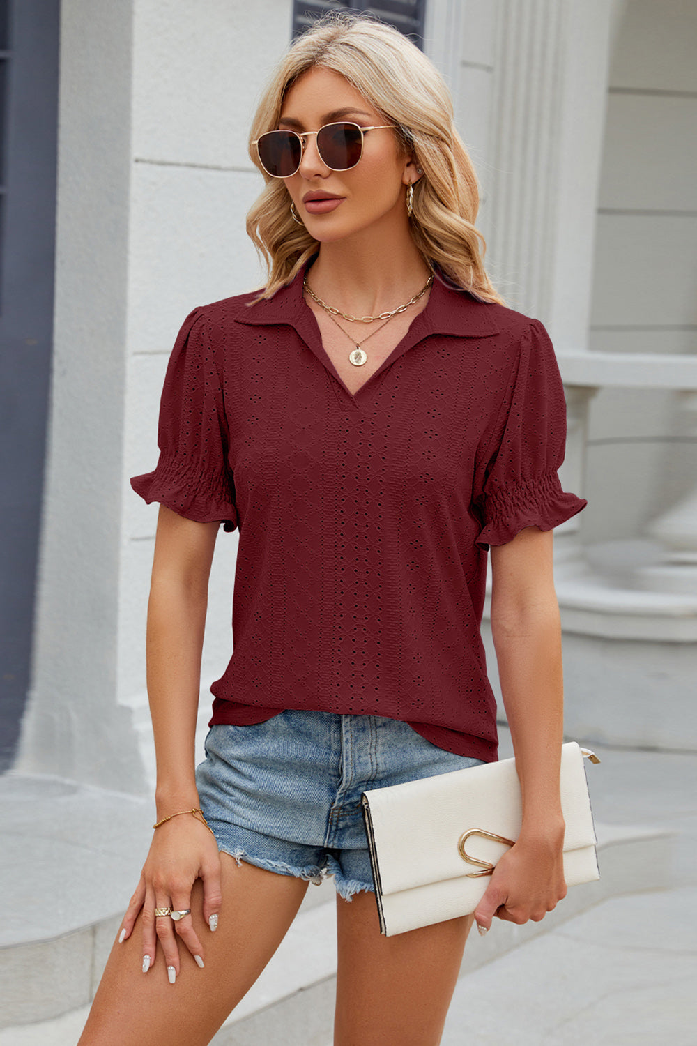 Eyelet Johnny Collar Short Sleeve Blouse-TOPS / DRESSES-[Adult]-[Female]-Burgundy-S-2022 Online Blue Zone Planet