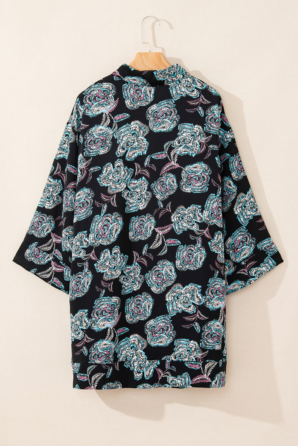 Black Floral Print Lapel Collar Loose Shirt Mini Dress-TOPS / DRESSES-[Adult]-[Female]-2022 Online Blue Zone Planet