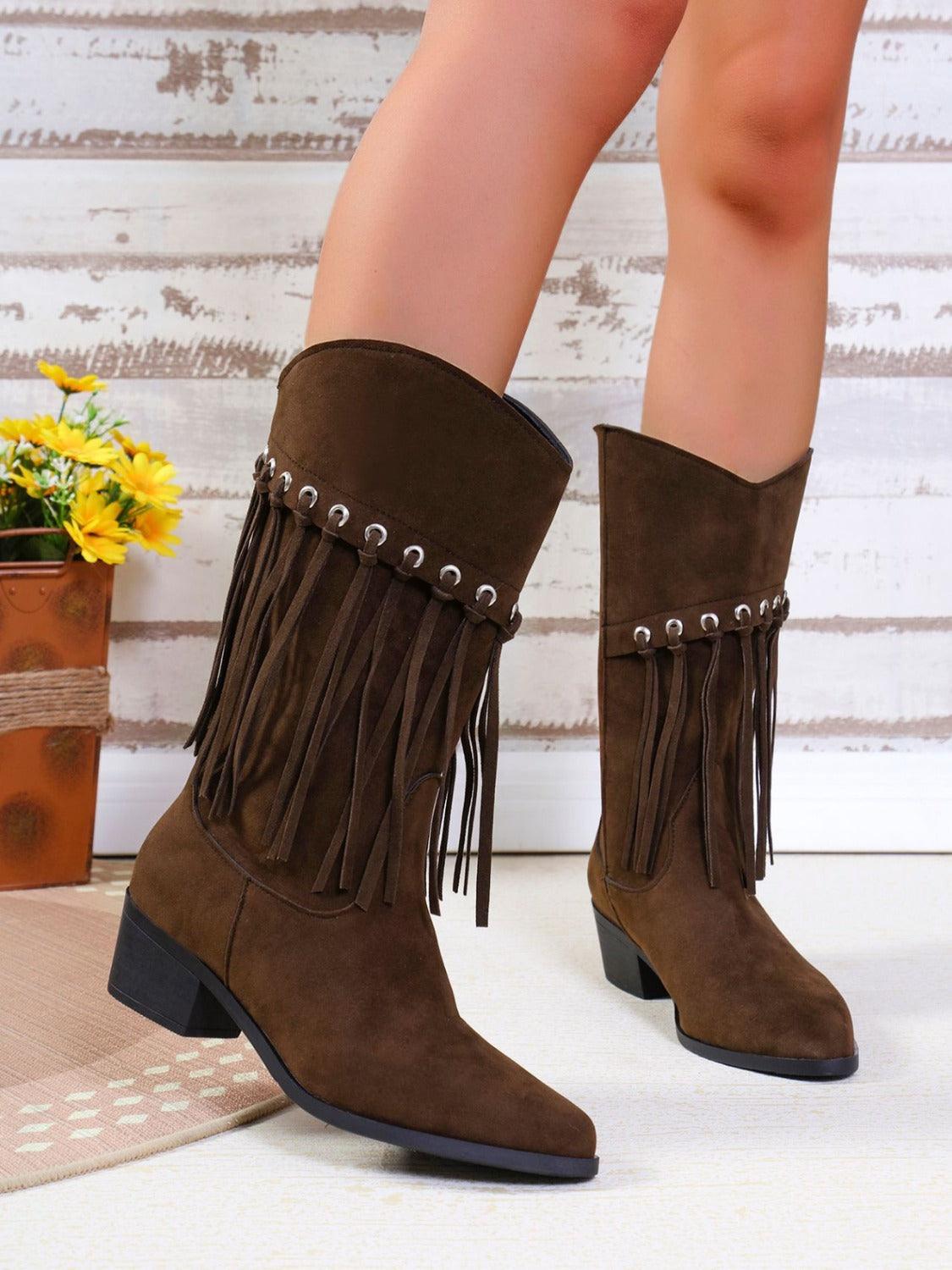 Fringe Suede Point Toe Block Heel Boots-COWBOY BOOTS-[Adult]-[Female]-2022 Online Blue Zone Planet