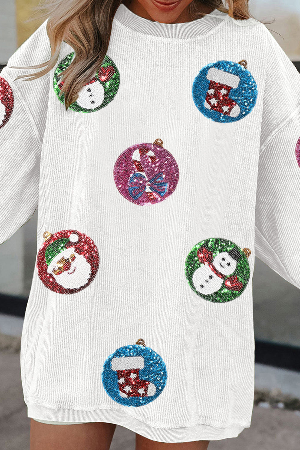 White Colorful Sequin Christmas Light Corded Baggy Sweatshirt-Graphic Sweatshirts-[Adult]-[Female]-2022 Online Blue Zone Planet