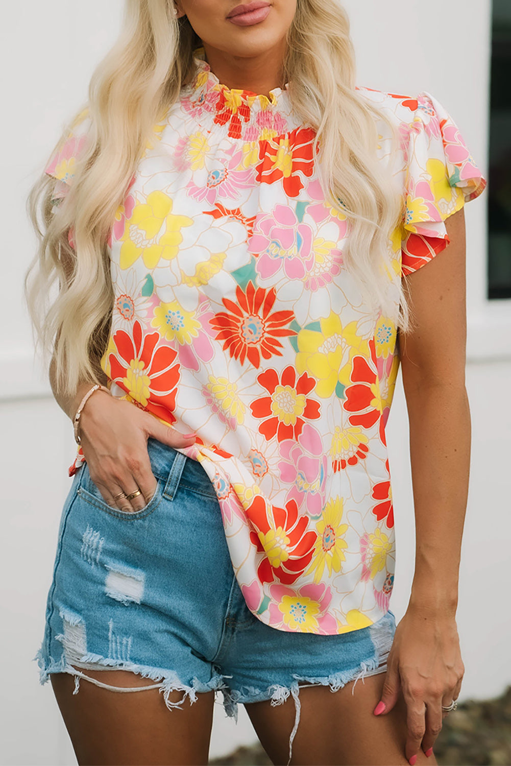Multicolor Stand Collar Flutter Sleeves Floral Top-Sale (50% OFF)/30% OFF-[Adult]-[Female]-2022 Online Blue Zone Planet