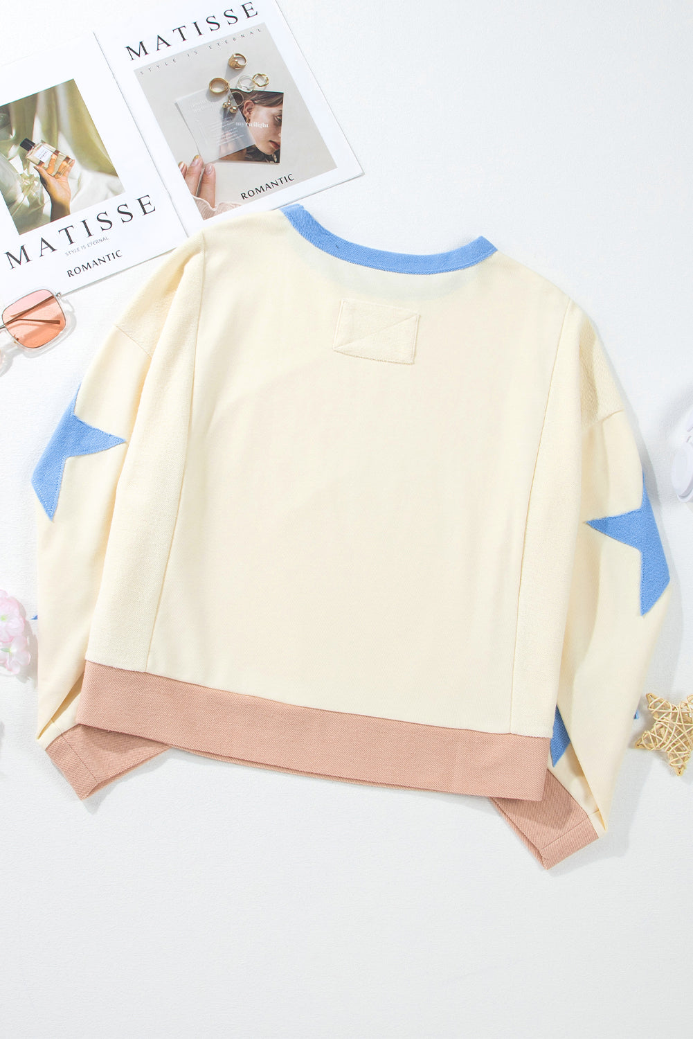 Parchment Star Patchwork Exposed Seam Oversized Sweatshirt-Sweatshirts & Hoodies-[Adult]-[Female]-2022 Online Blue Zone Planet