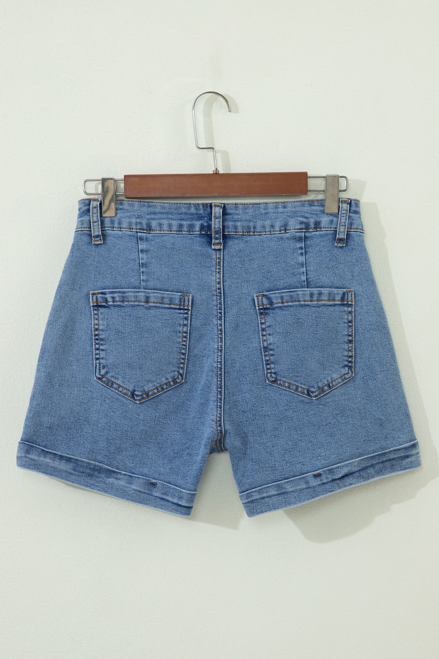 Ivy Seam Detail Pocketed Cuffed Hem Denim Shorts-Bottoms/Denim Shorts-[Adult]-[Female]-2022 Online Blue Zone Planet