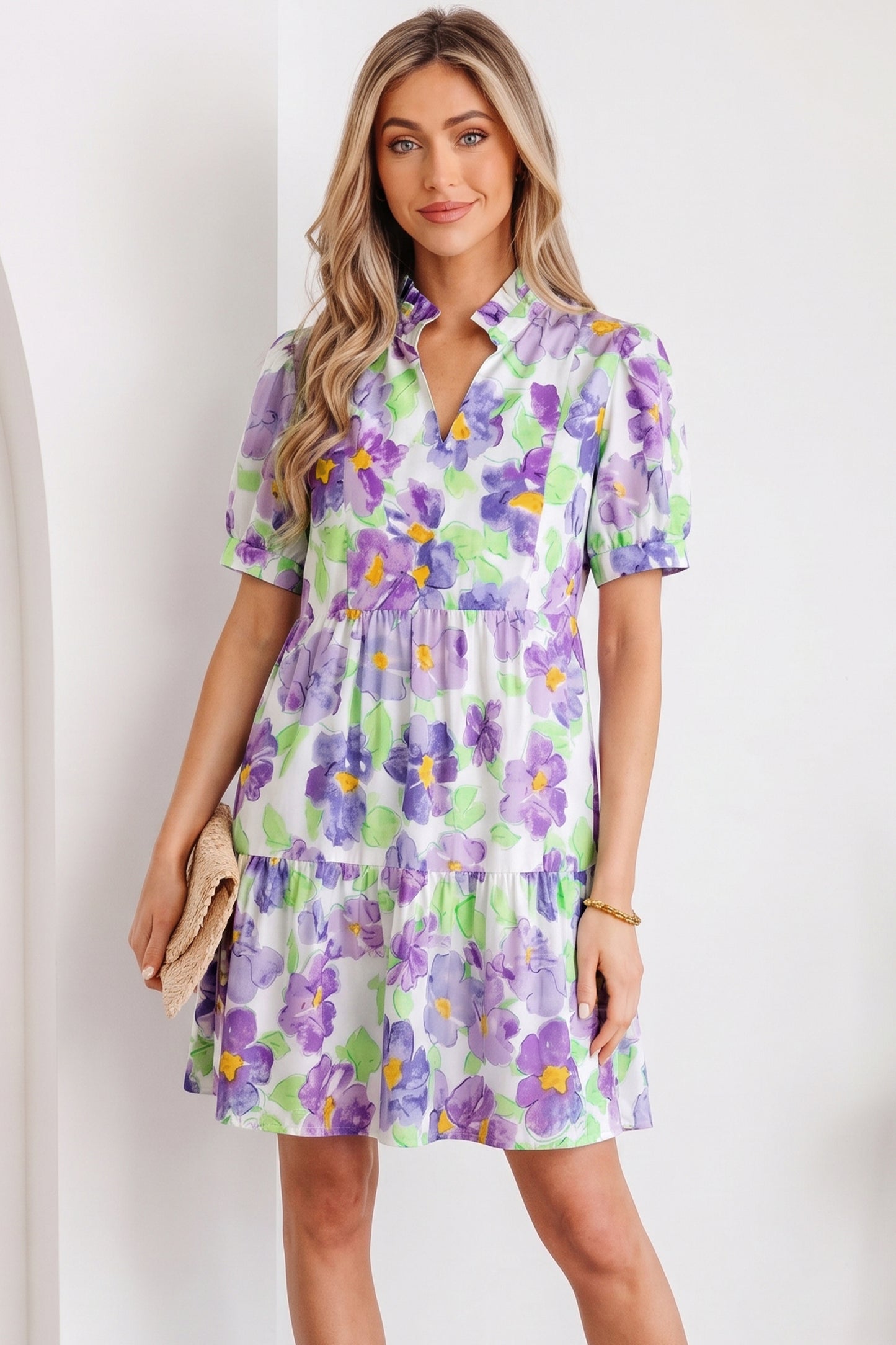 Purple Floral V Collar Short Sleeve Tiered Ruffle Mini Dress-TOPS / DRESSES-[Adult]-[Female]-2022 Online Blue Zone Planet