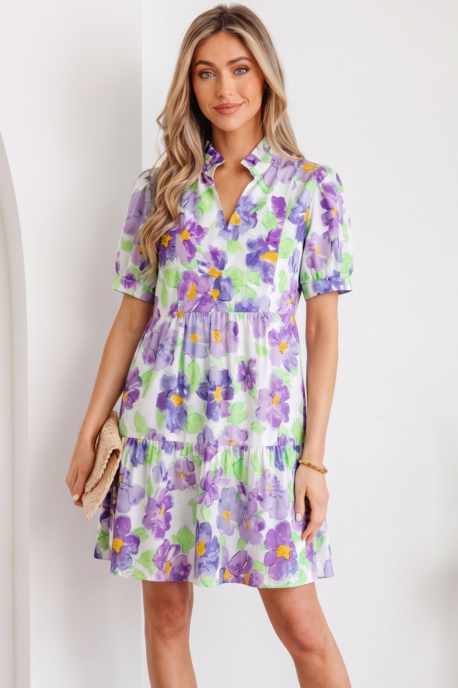 Purple Floral V Collar Short Sleeve Tiered Ruffle Mini Dress-TOPS / DRESSES-[Adult]-[Female]-2022 Online Blue Zone Planet