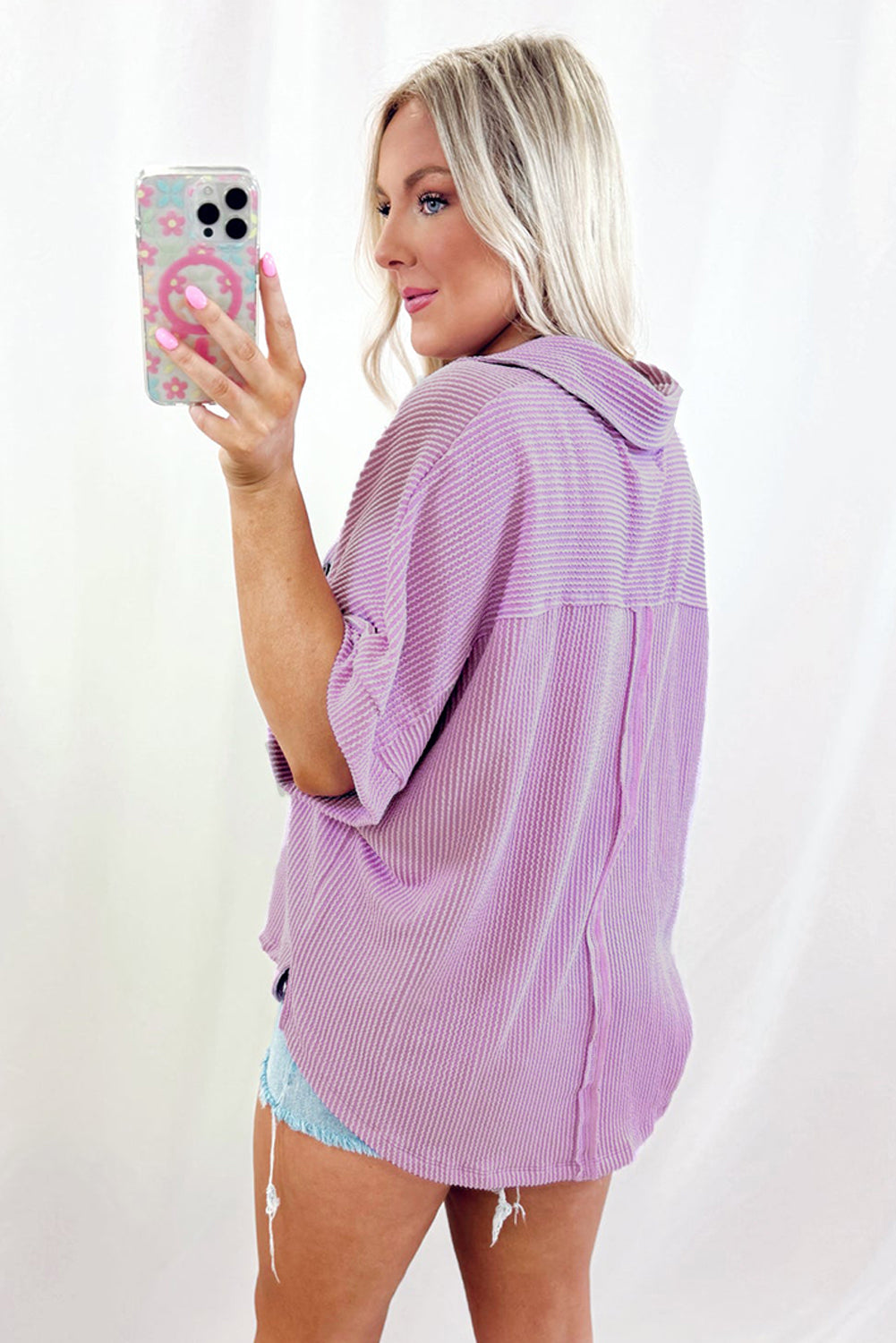 Orchid Bouquet Corded Flap Pocket Collared Buttoned Short Sleeve Blouse-Tops/Blouses & Shirts-[Adult]-[Female]-2022 Online Blue Zone Planet