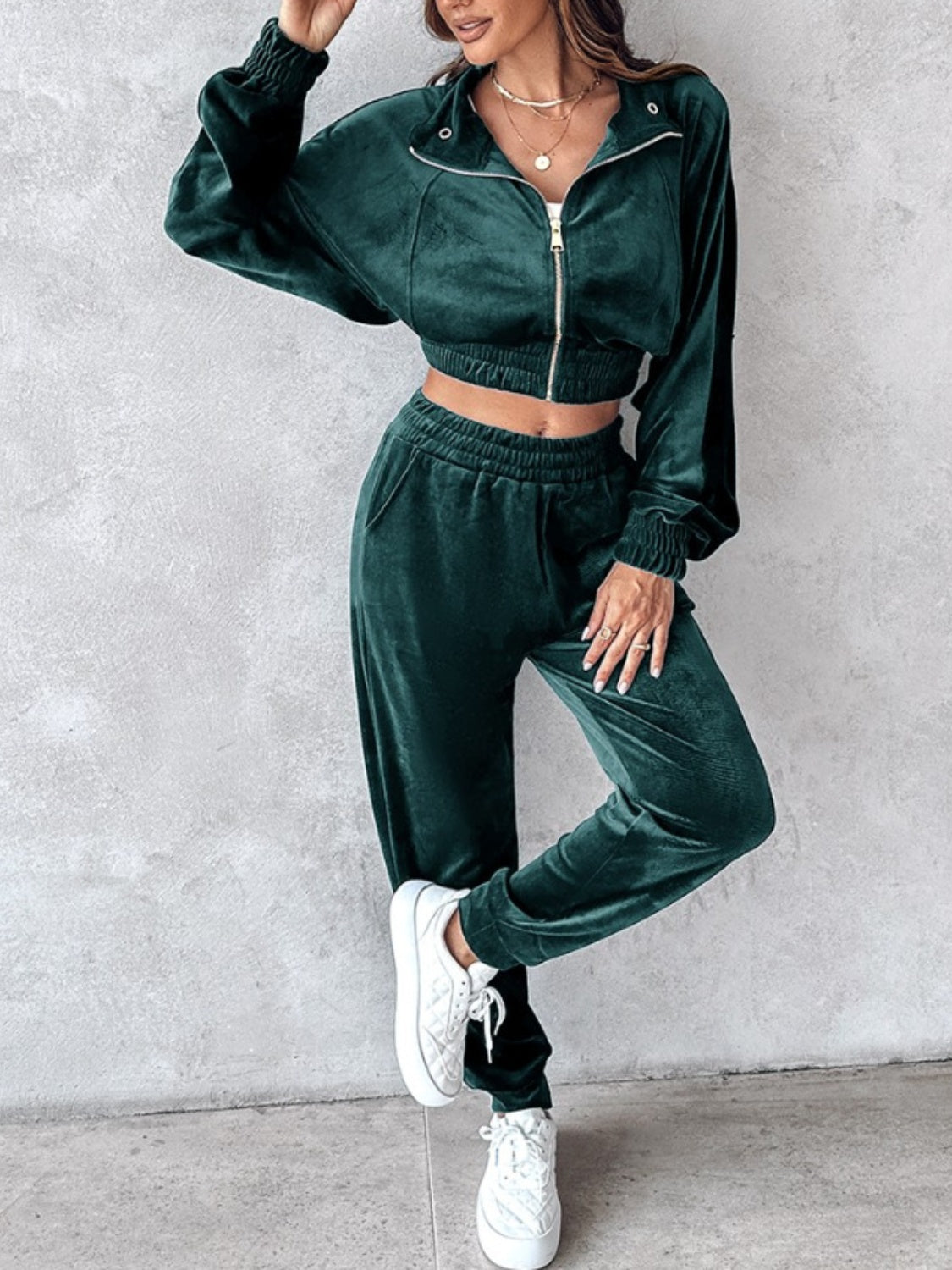 Zip Up Long Sleeve Cropped Top and Joggers Set-BOTTOMS SIZES SMALL MEDIUM LARGE-[Adult]-[Female]-Deep Teal-S-2022 Online Blue Zone Planet