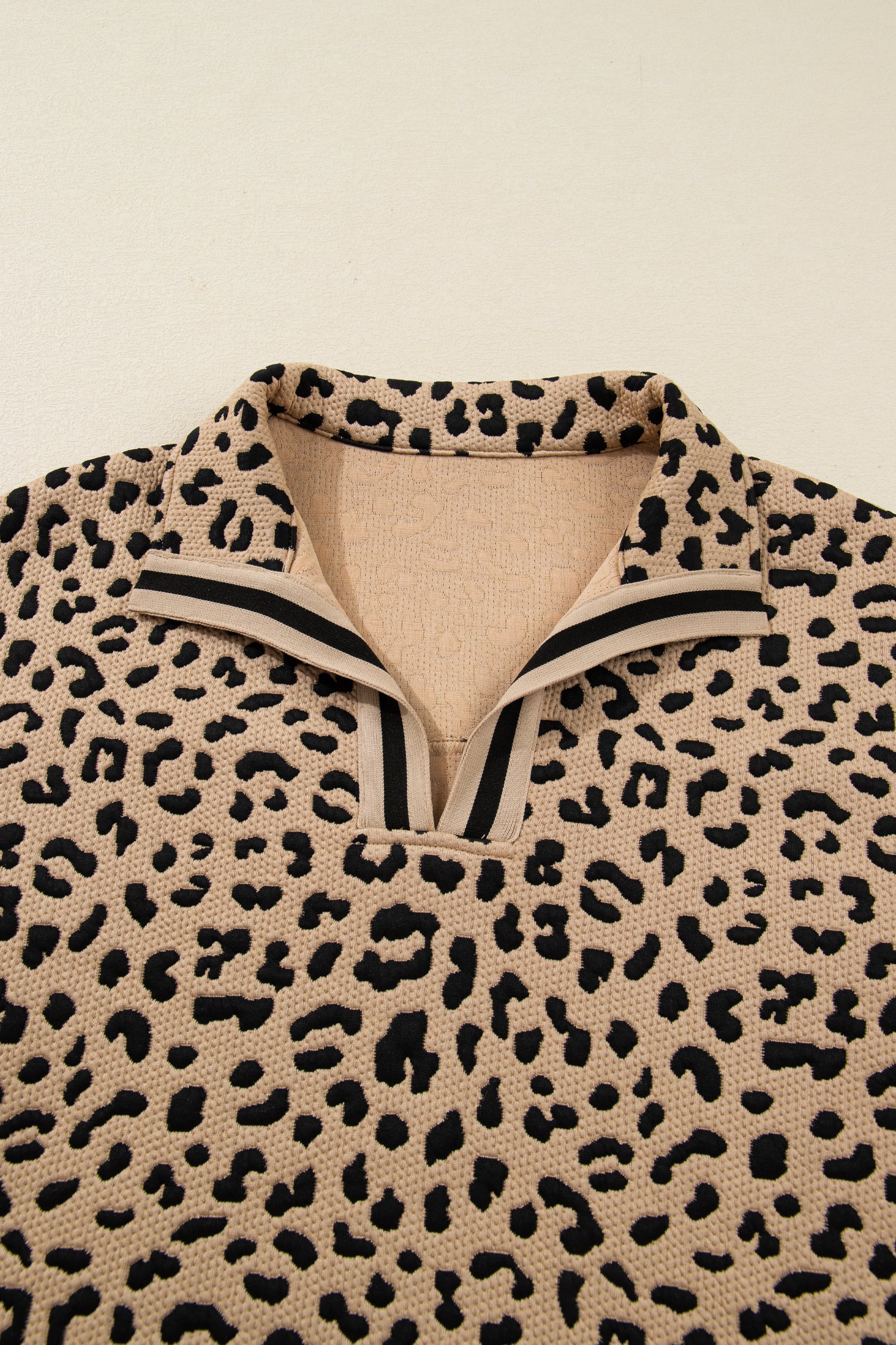Parchment Leopard Polo Collar V Neck Pullover Top-Tops/Long Sleeve Tops-[Adult]-[Female]-2022 Online Blue Zone Planet