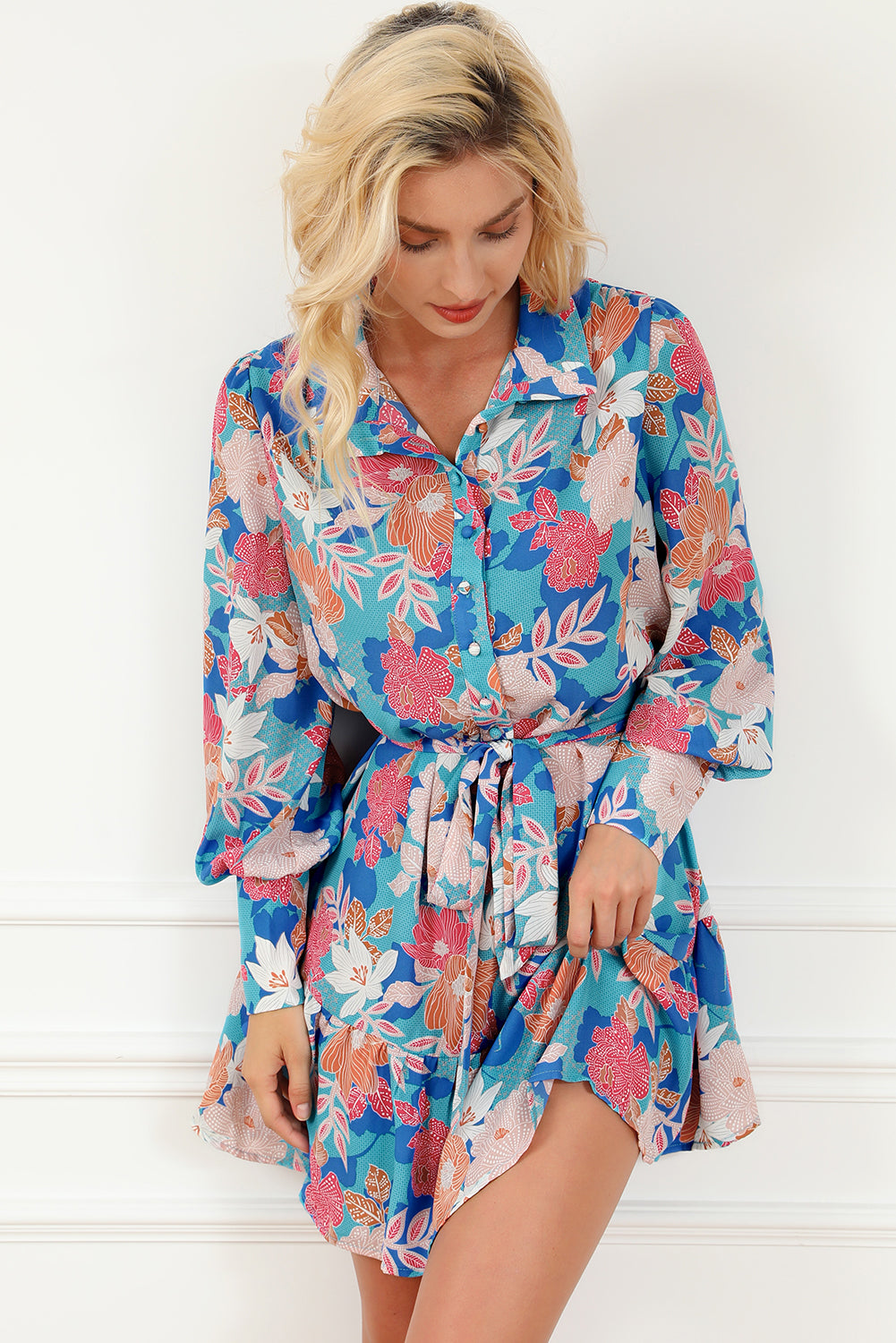 Blue Floral Print Lantern Sleeve Belted Shirt Dress-TOPS / DRESSES-[Adult]-[Female]-2022 Online Blue Zone Planet