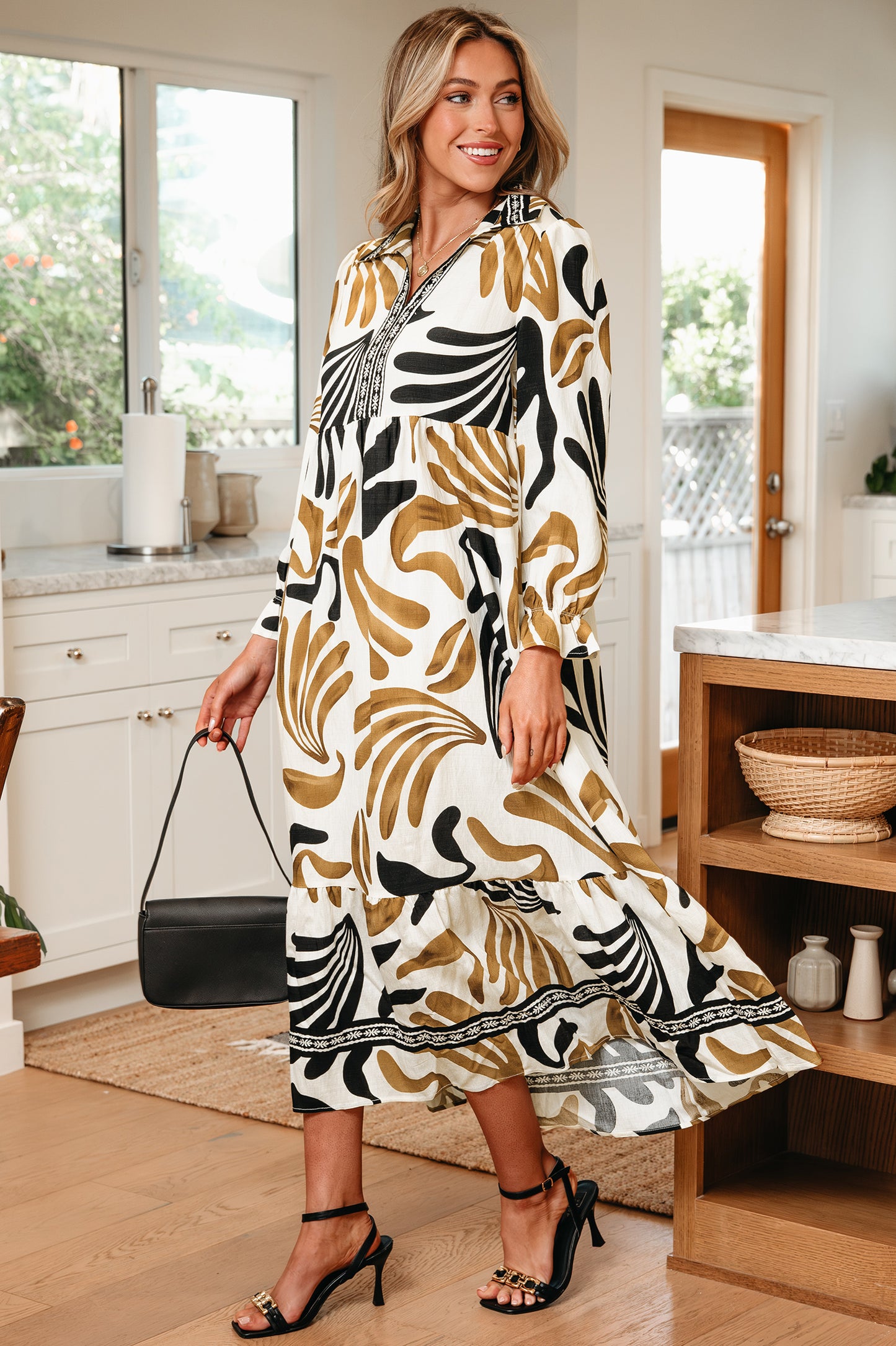 Brown Tropical Printed Contrast Trim Neck Long Sleeve Ruffle Hem Dress-TOPS / DRESSES-[Adult]-[Female]-2022 Online Blue Zone Planet