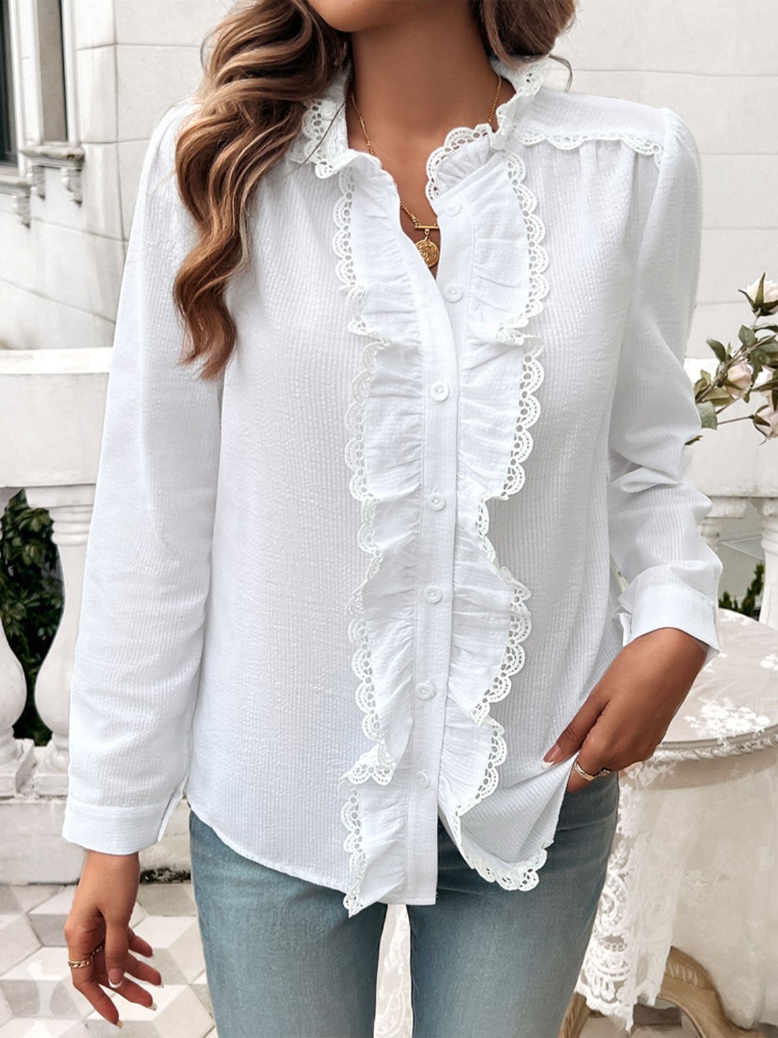 Devine Textured Lace Detail Long Sleeve Shirt-TOPS / DRESSES-[Adult]-[Female]-2022 Online Blue Zone Planet