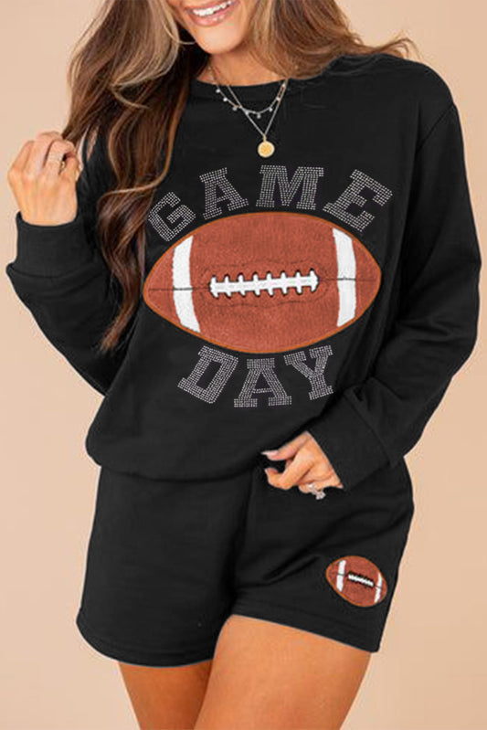 Black GAME DAY Rugby Football Graphic Pullover and Shorts Casual Outfit-Two Piece Sets/Short Sets-[Adult]-[Female]-Black-S-2022 Online Blue Zone Planet