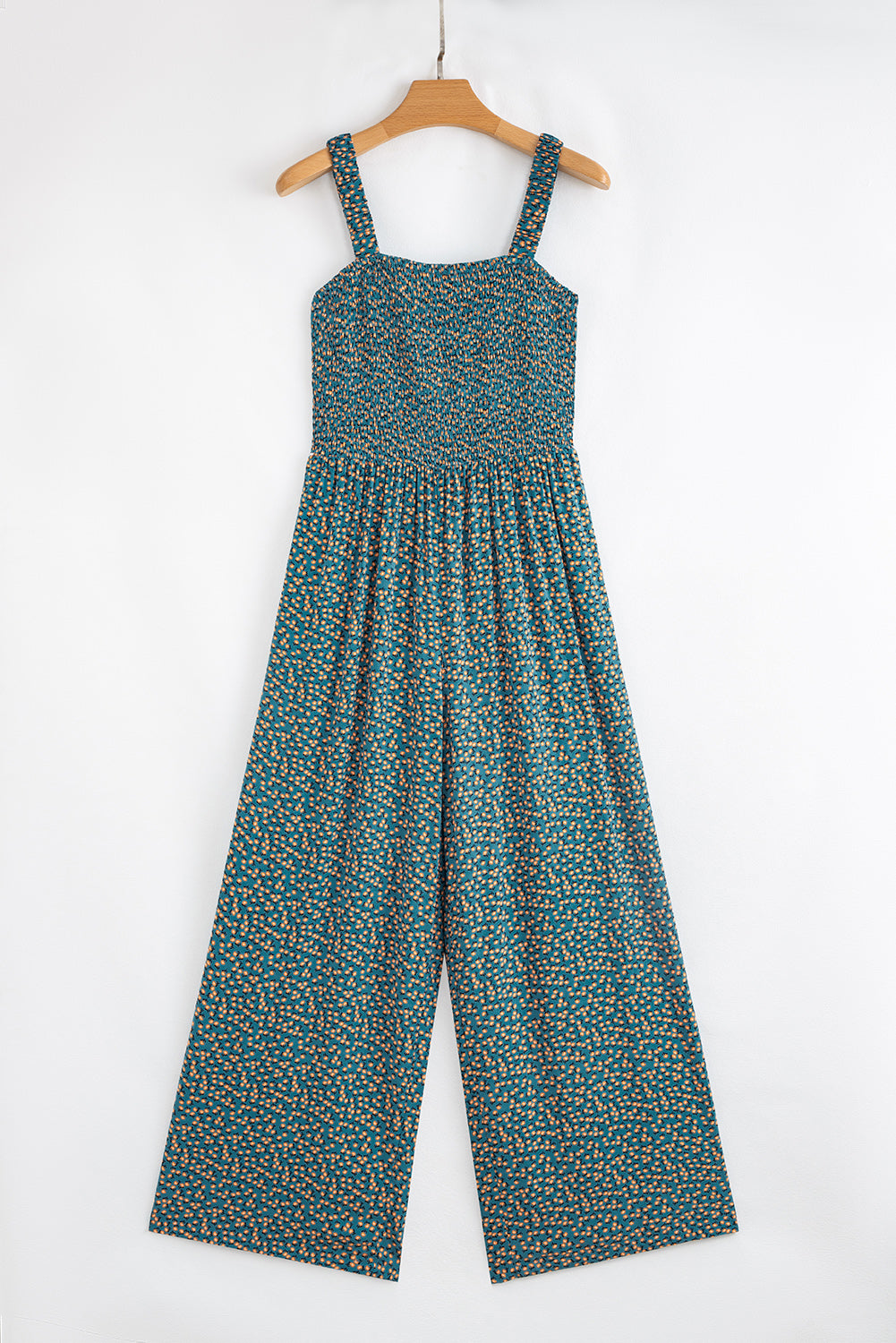 Green Floral Print Smocked High Waist Square Neck Jumpsuit-Bottoms/Jumpsuits & Rompers-[Adult]-[Female]-2022 Online Blue Zone Planet
