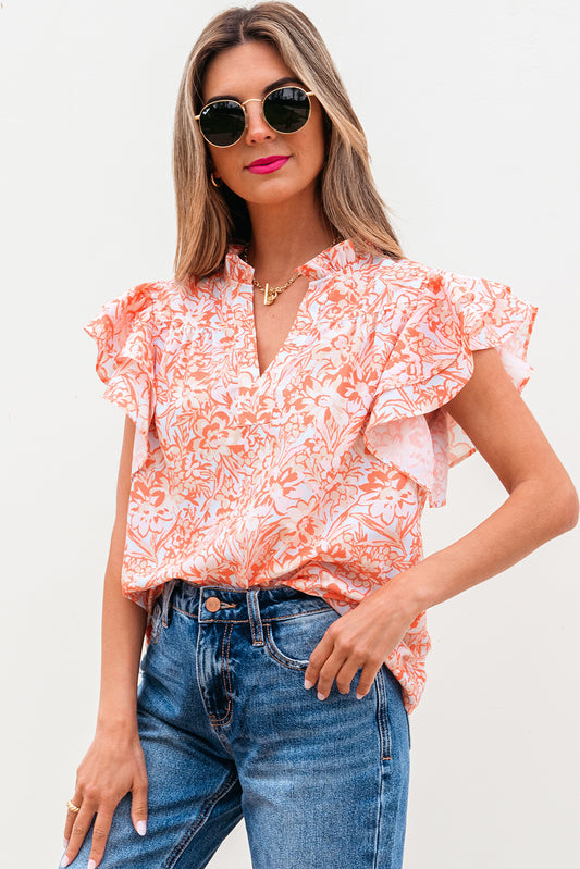 Orange Floral Ruffle Sleeve Split Neck Blouse-Tops/Blouses & Shirts-[Adult]-[Female]-Orange-S-2022 Online Blue Zone Planet