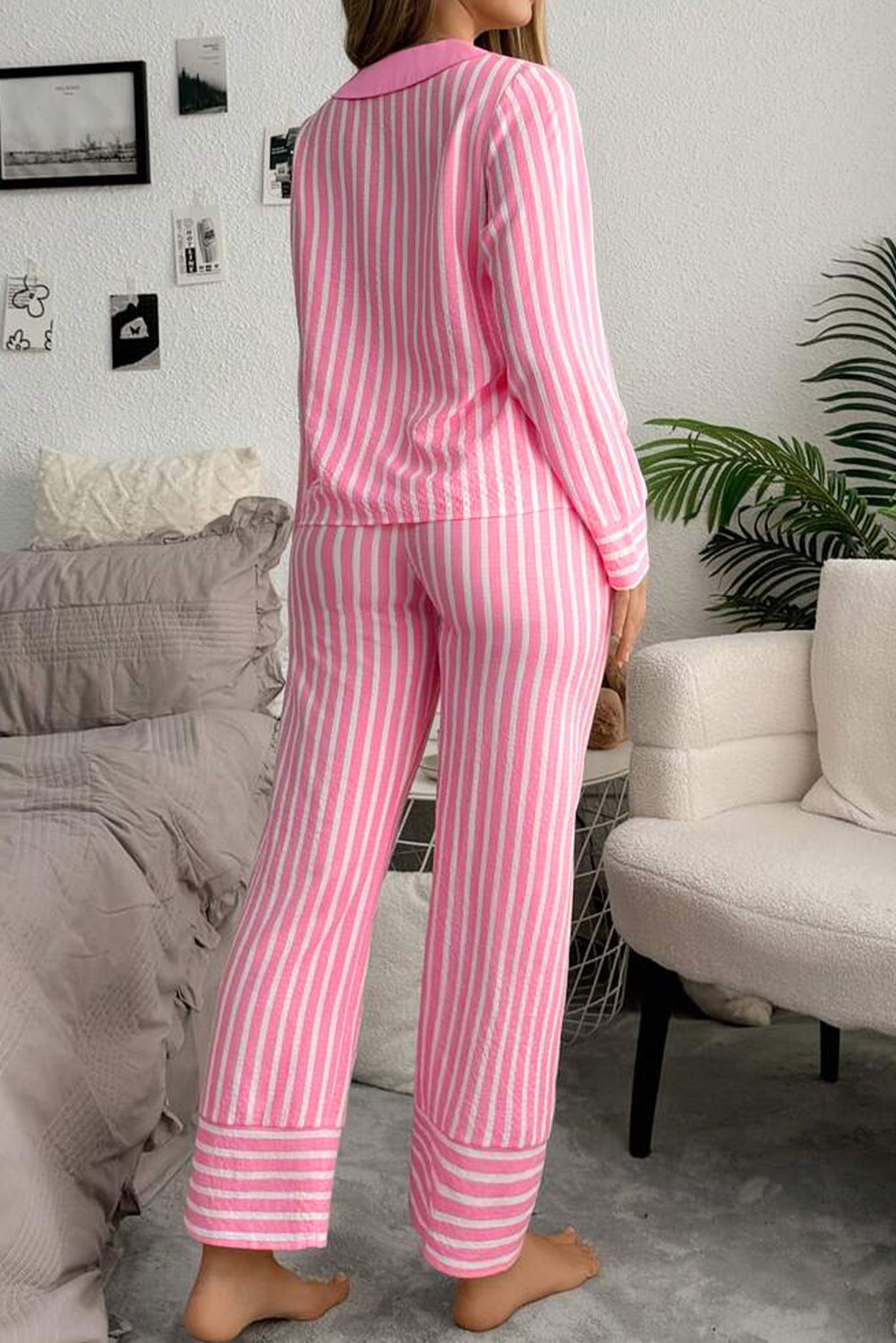 Pink Stripe Buttoned Front Long Sleeve Top and Pants 2 Piece Sleepwear-Loungewear & Sleepwear/Sleepwear-[Adult]-[Female]-2022 Online Blue Zone Planet