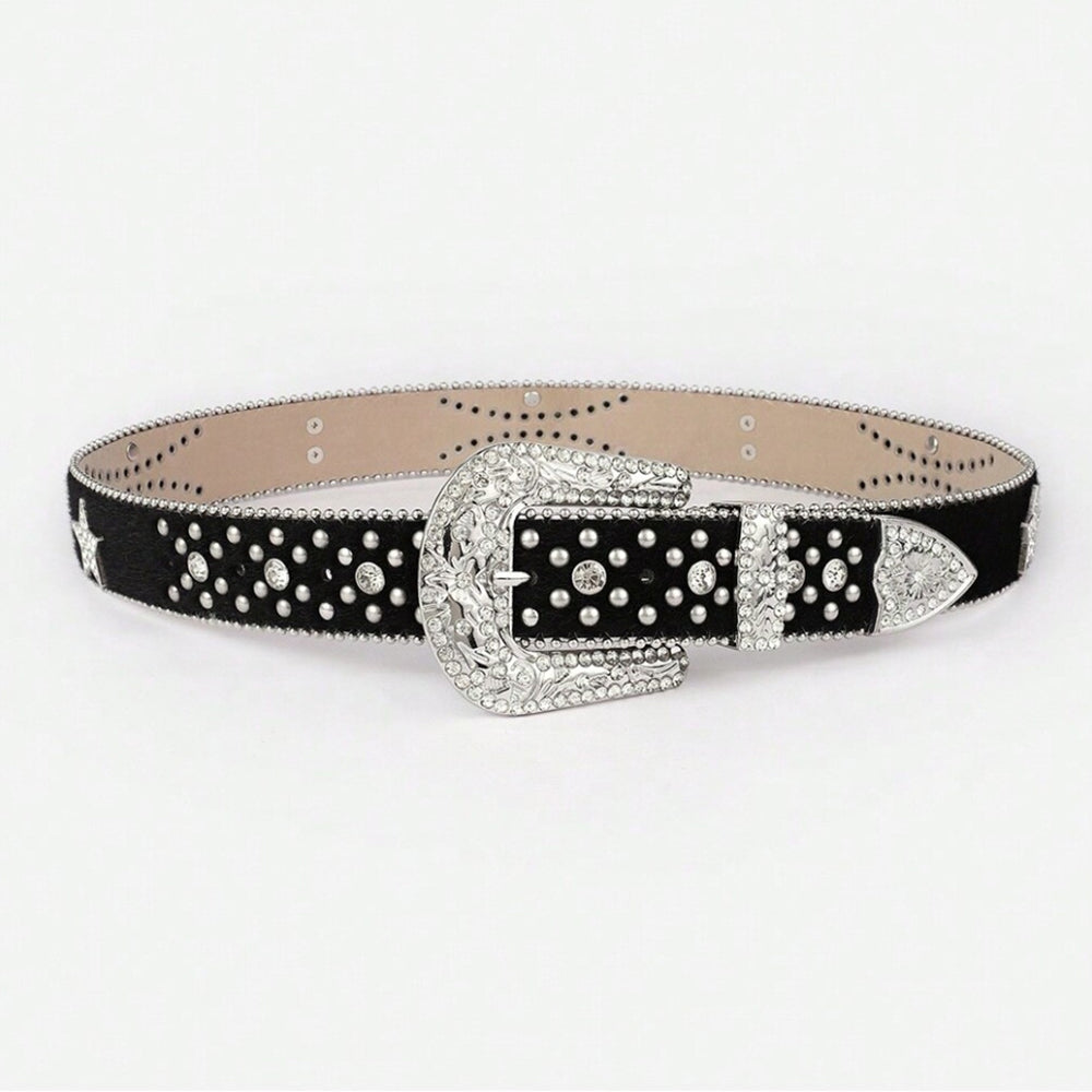 PU Leather Inlaid Rhinestone Belt-BELTS-[Adult]-[Female]-2022 Online Blue Zone Planet