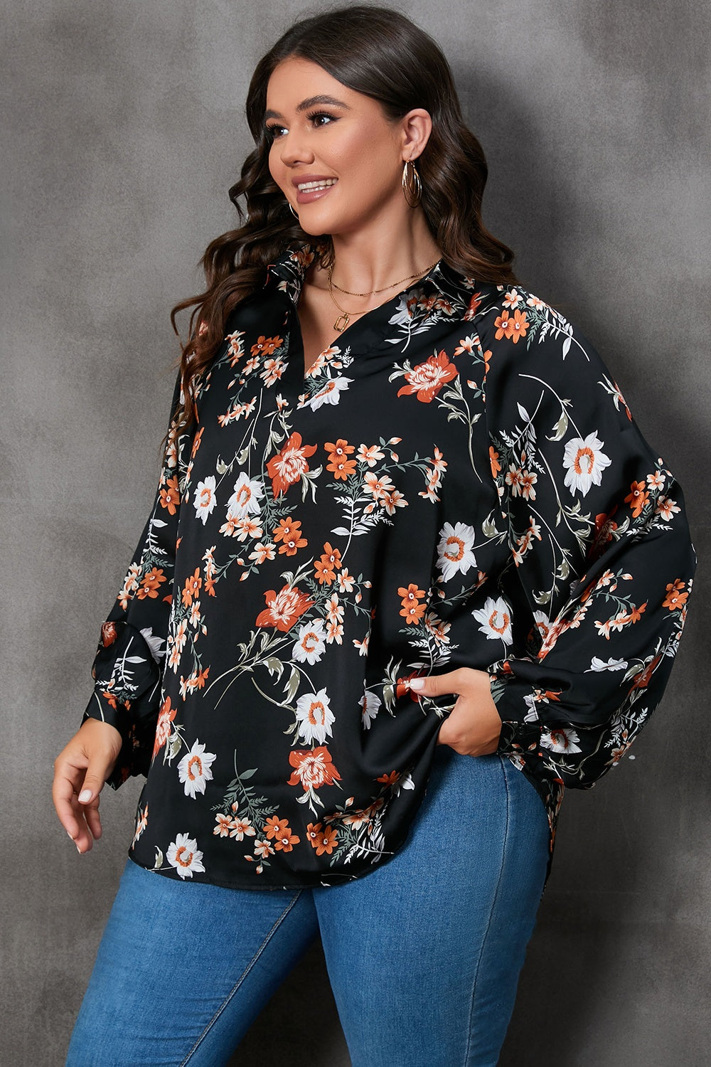 Plus Size Printed Johnny Collar Long Sleeve Blouse-TOPS / DRESSES-[Adult]-[Female]-2022 Online Blue Zone Planet