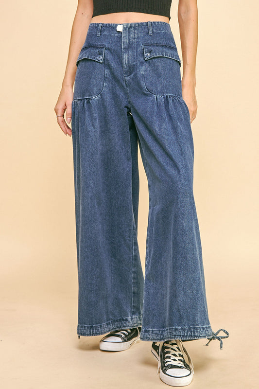 Davi & Dani Drawstring Hem Wide Leg Mid Rise Jeans-BOTTOM SIZES SMALL MEDIUM LARGE-[Adult]-[Female]-Medium-S-2022 Online Blue Zone Planet