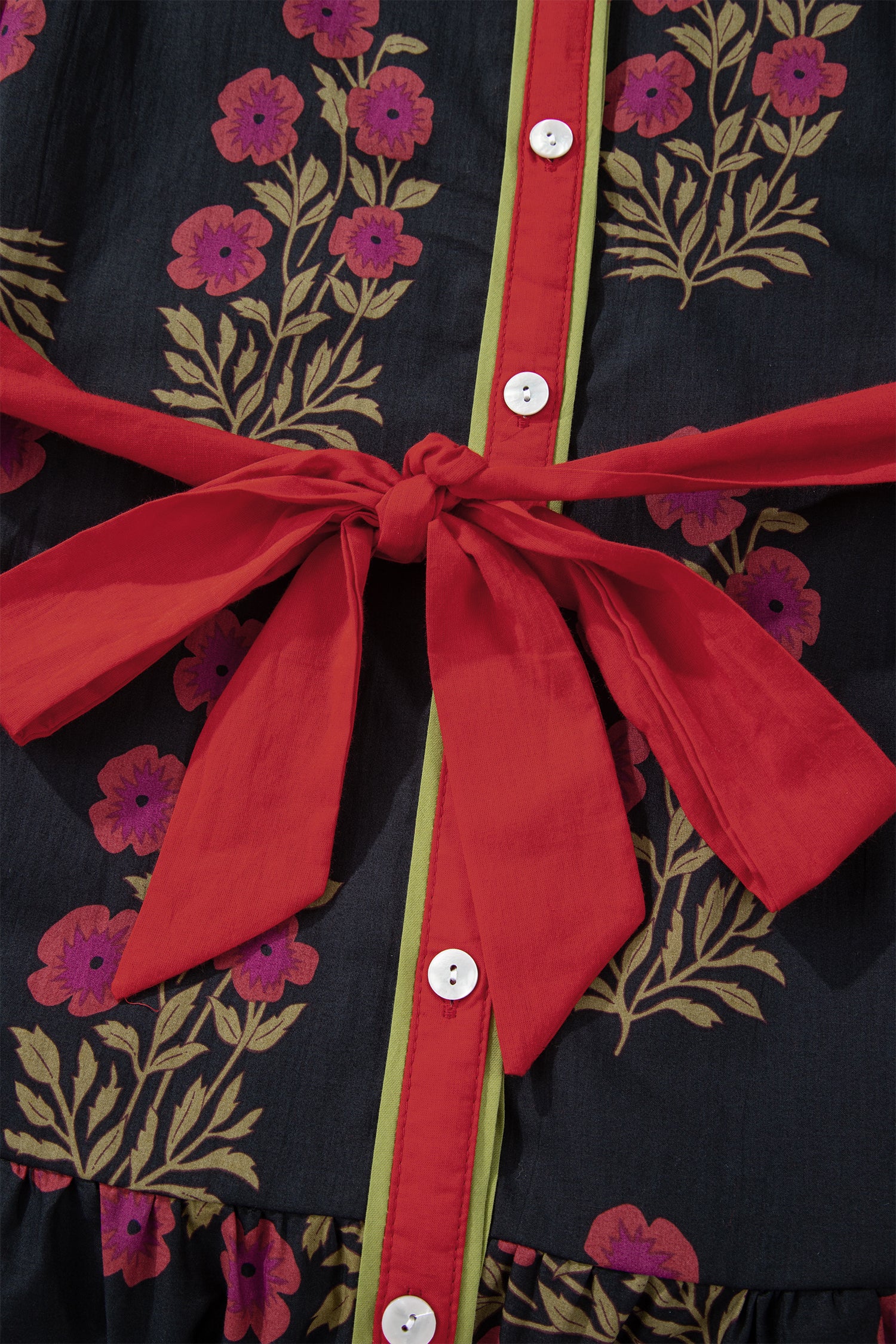 Black Retro Floral Print Button Down Belted Short Puff Sleeve Mini Dress-TOPS / DRESSES-[Adult]-[Female]-2022 Online Blue Zone Planet