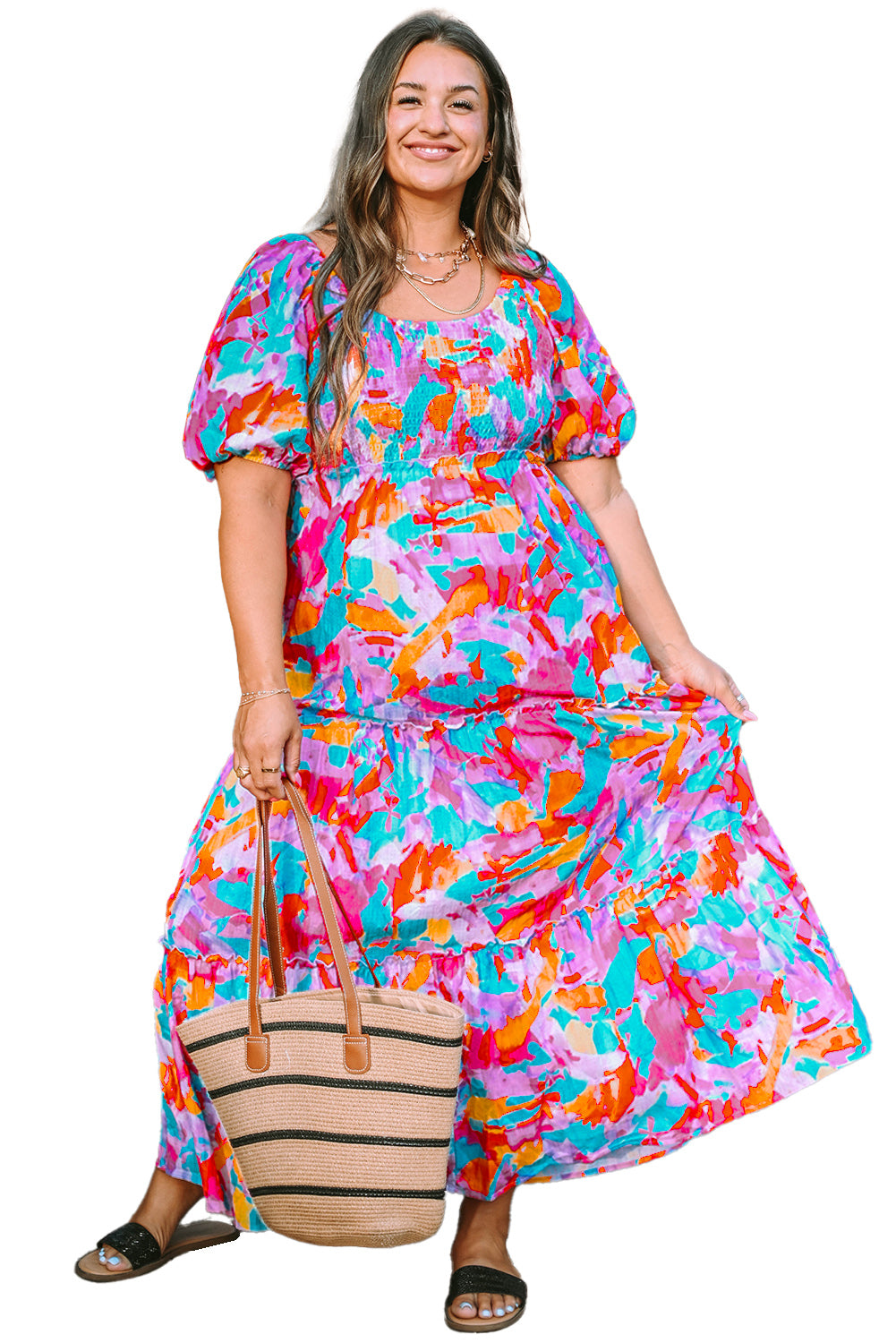 Blue Zone Planet | Multicolour Plus Size Floral Smocked Puff Sleeve Maxi Dress-TOPS / DRESSES-[Adult]-[Female]-2022 Online Blue Zone Planet