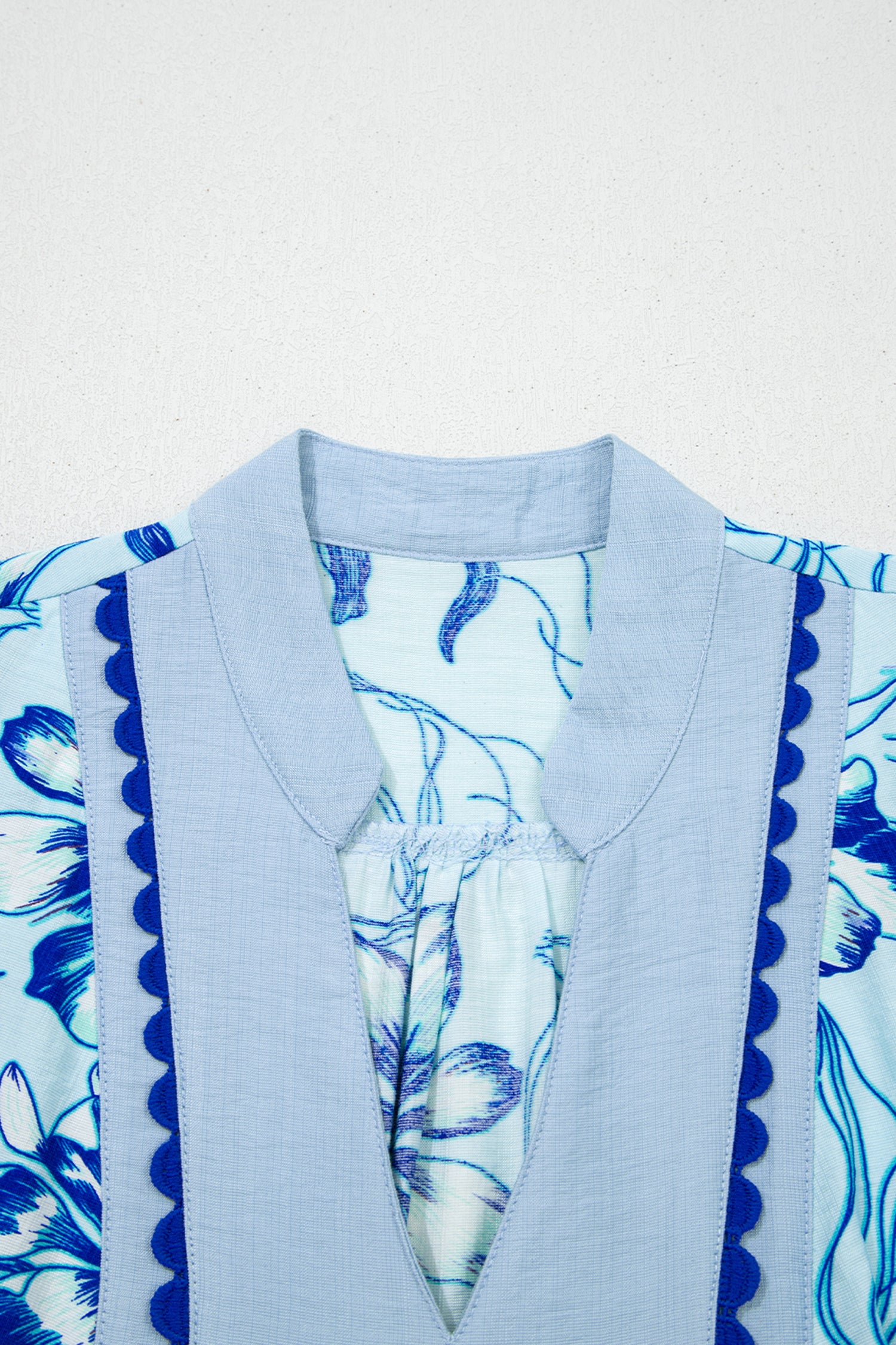 Sky Blue Ricrac Trim Slit V Neck Short Sleeve Floral Blouse-Tops/Blouses & Shirts-[Adult]-[Female]-2022 Online Blue Zone Planet