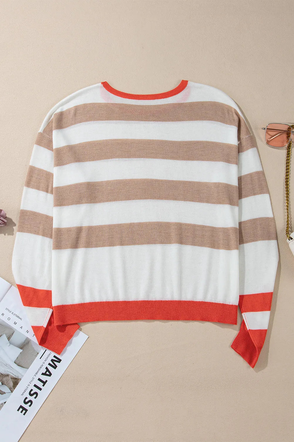 Contrast Striped Round Neck Long Sleeve Knit Top-TOPS / DRESSES-[Adult]-[Female]-2022 Online Blue Zone Planet