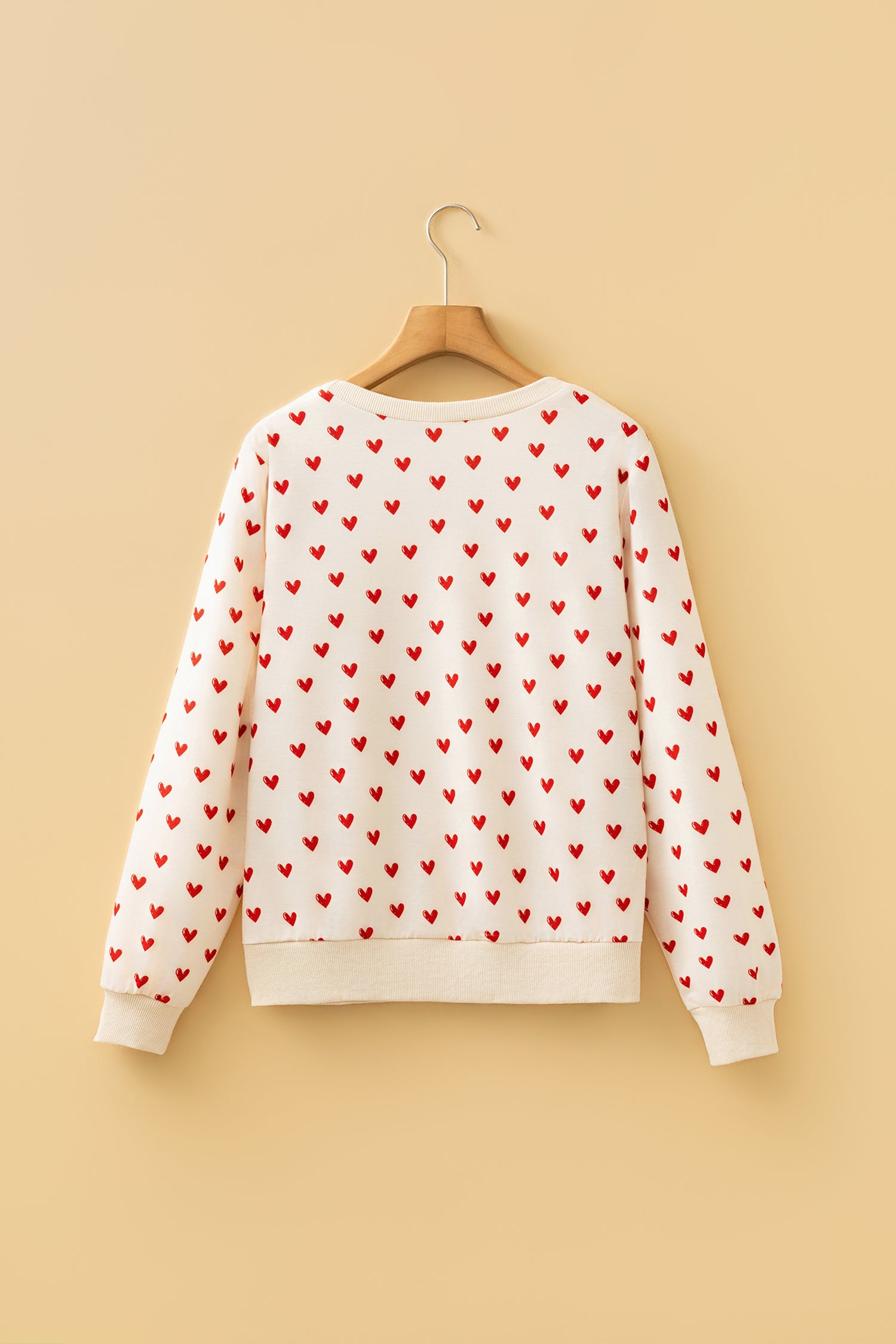 Beige Heart Print Round Neck Long Sleeve Regular Fit Sweatshirt-Tops/Sweatshirts & Hoodies-[Adult]-[Female]-2022 Online Blue Zone Planet