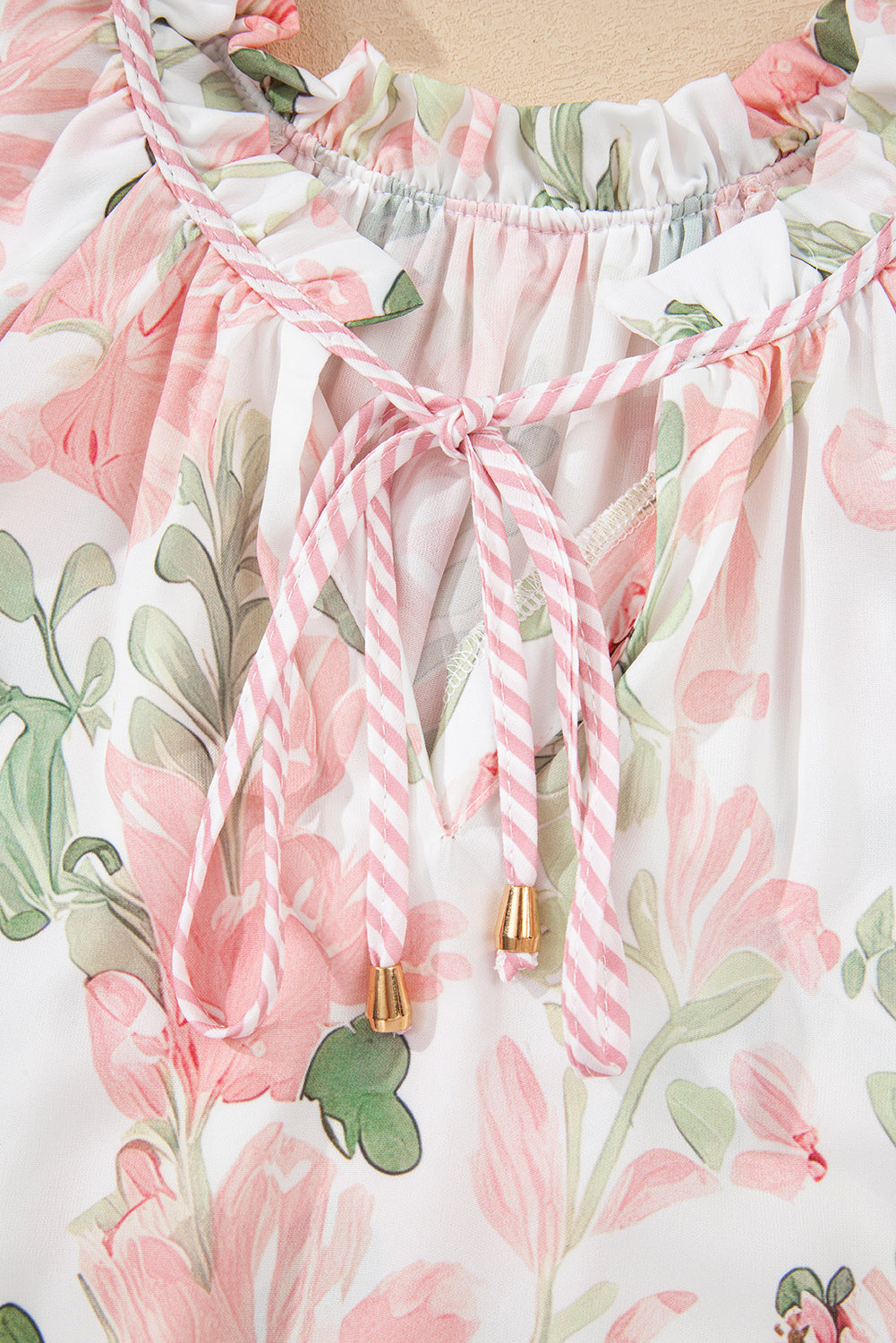 Pink Floral Print Striped Contrast Tiered Ruffled Sleeve V Neck Blouse-Tops/Blouses & Shirts-[Adult]-[Female]-2022 Online Blue Zone Planet