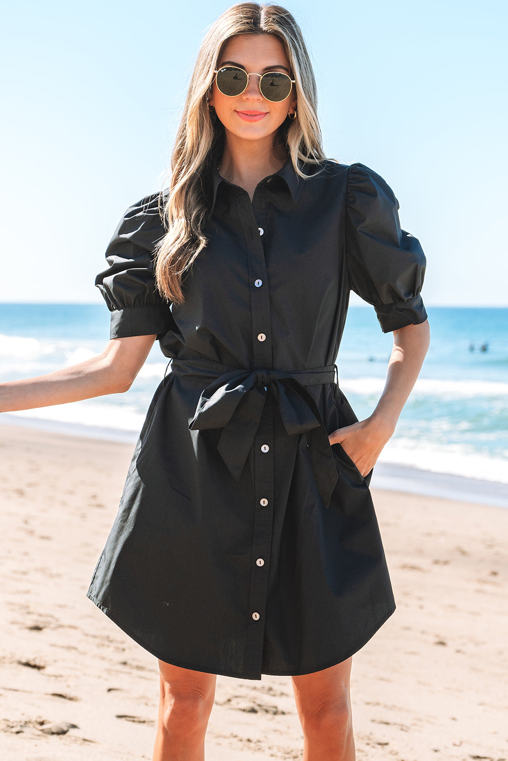 Black Button Up Tie Waist Puff Sleeve Mini Dress-Dresses/Mini Dresses-[Adult]-[Female]-2022 Online Blue Zone Planet