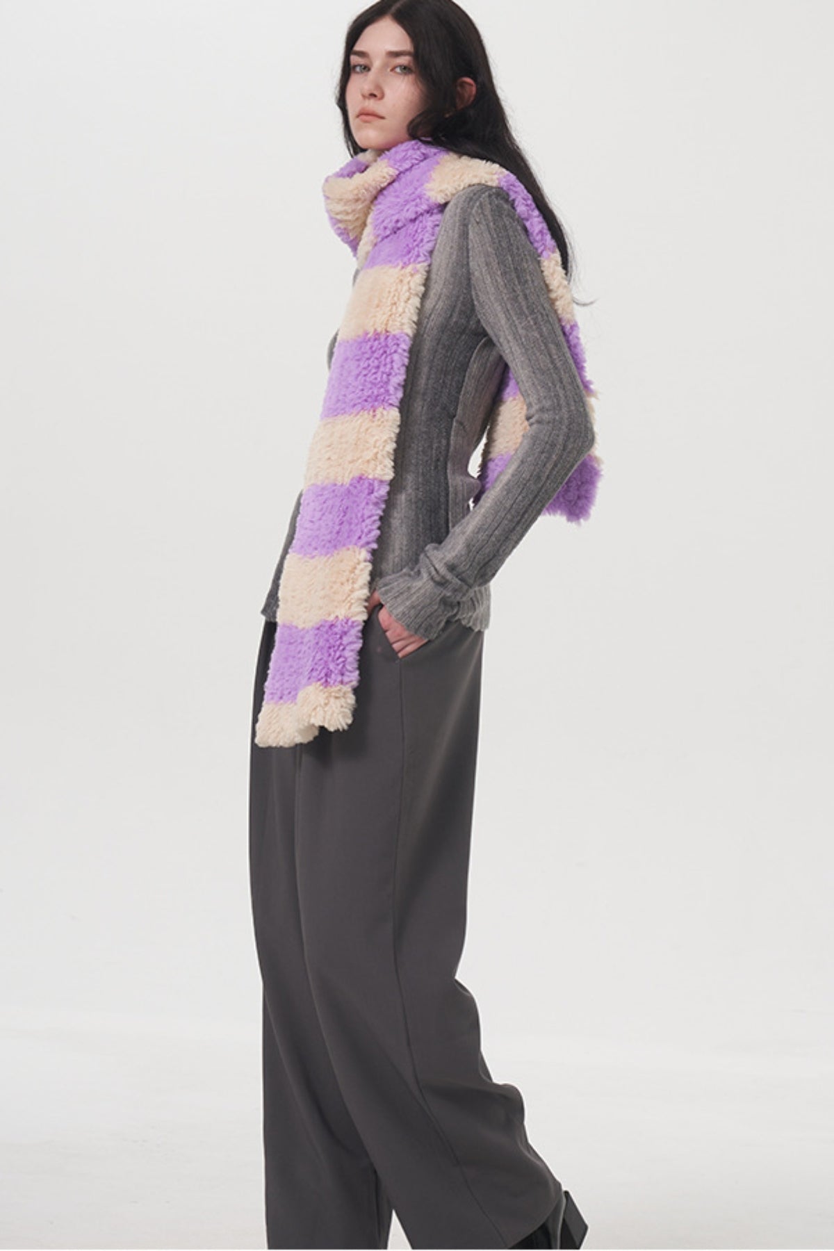 Fuzzy Contrast Striped Scarf-SCARVES-[Adult]-[Female]-Vivid Violet-One Size-2022 Online Blue Zone Planet