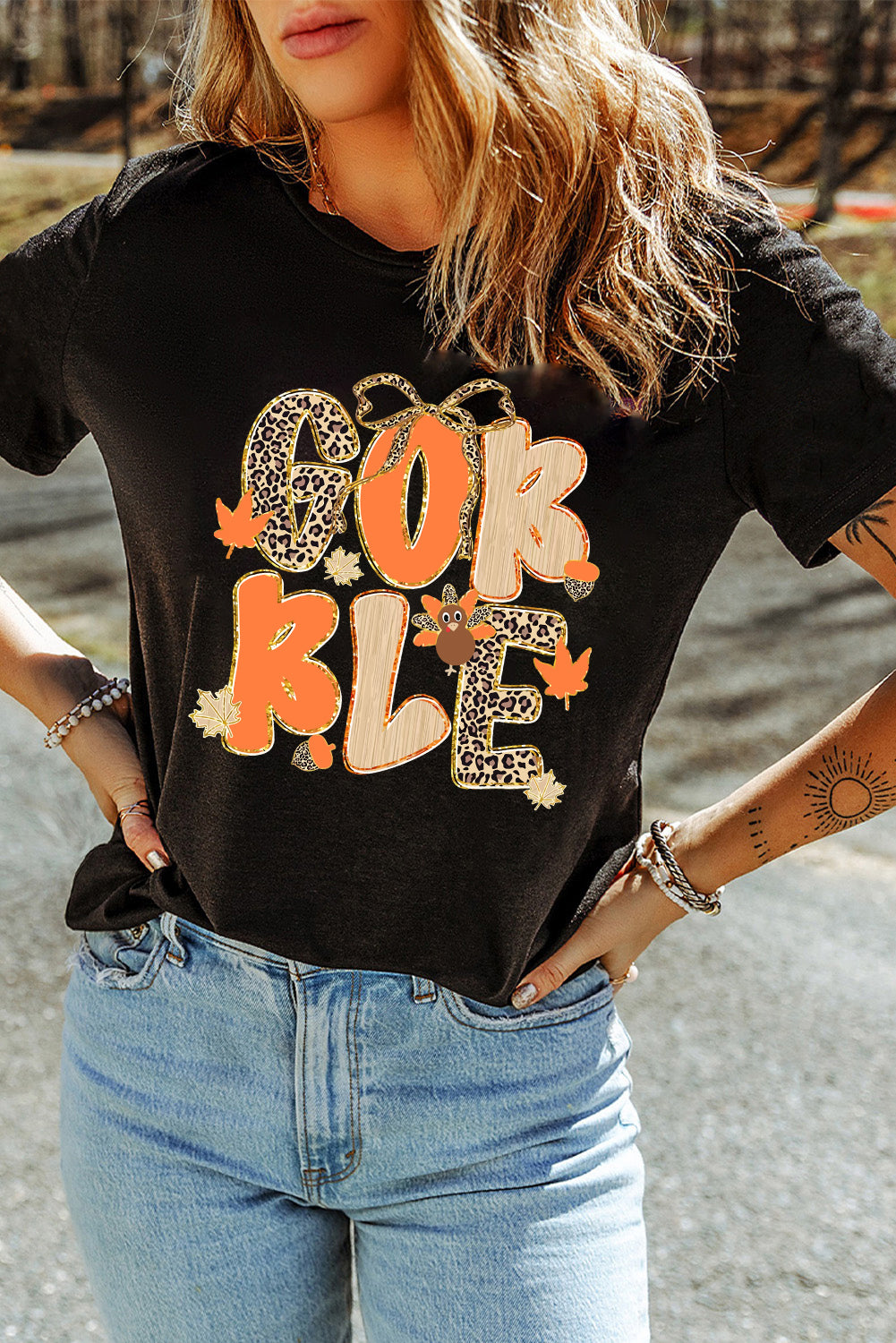 Black Gobble Leopard Letter Print Turkey Bow Graphic T Shirt-Graphic/Graphic Tees-[Adult]-[Female]-2022 Online Blue Zone Planet